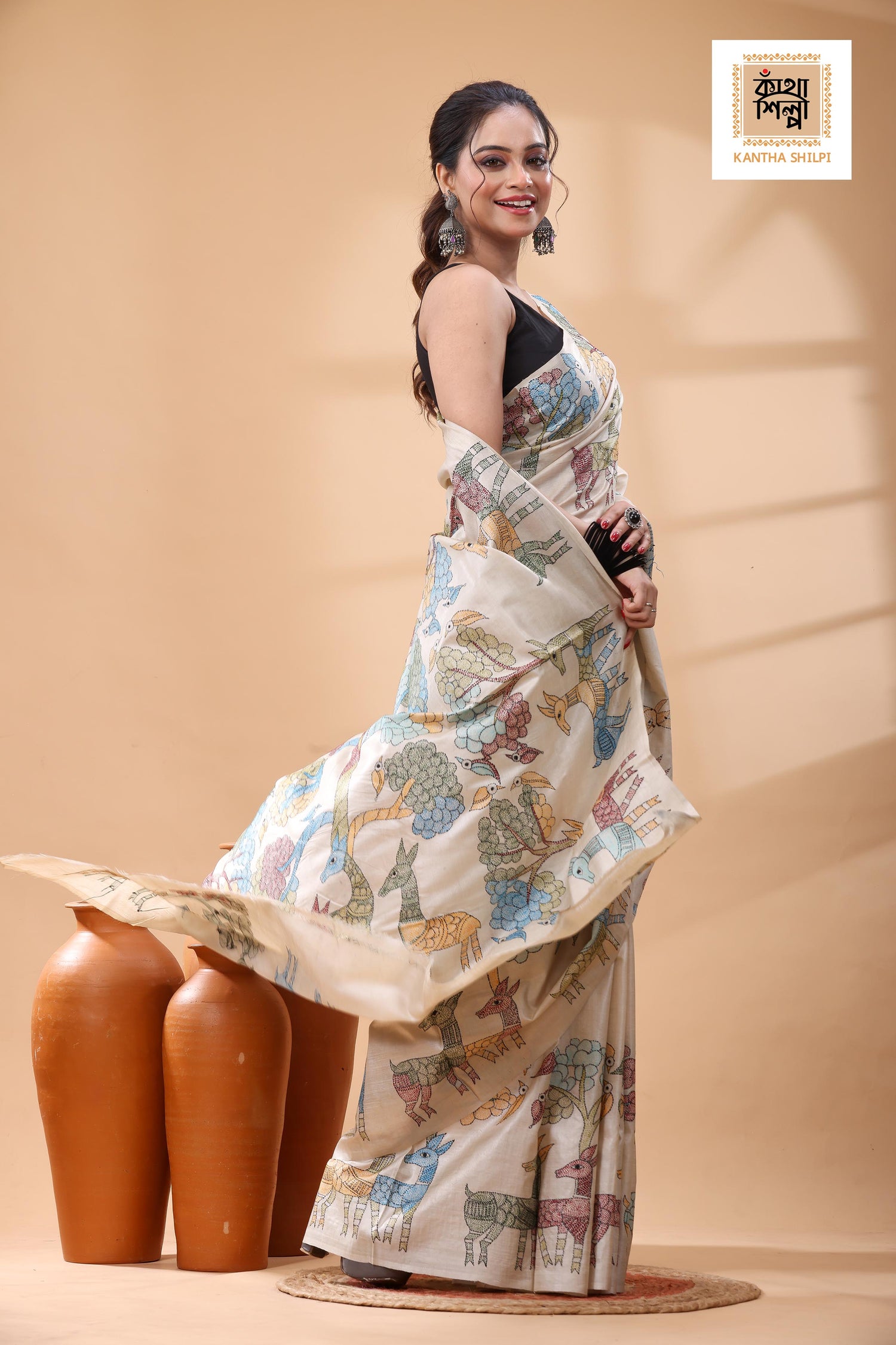 Pure Gachi Tussar Multicolor Thread Work Kantha Stitch Saree