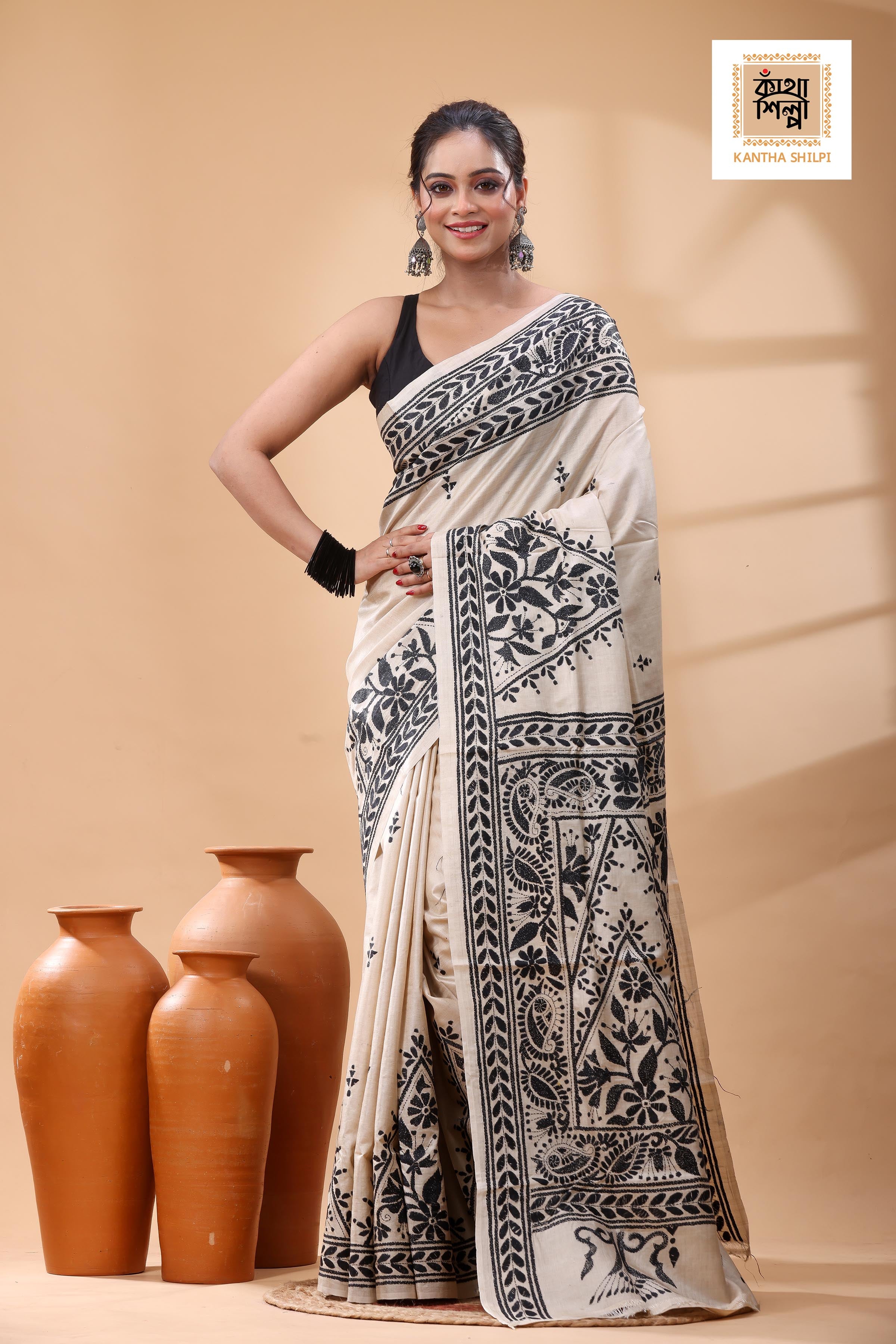 Pure Gachi Tussar Black Color Thread Work Kantha Stitch Saree