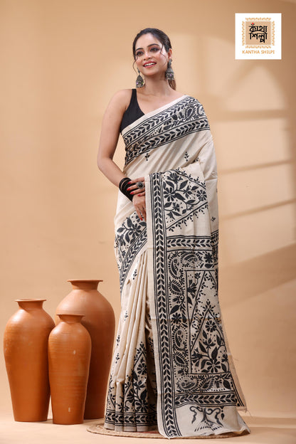 Pure Gachi Tussar Black Color Thread Work Kantha Stitch Saree