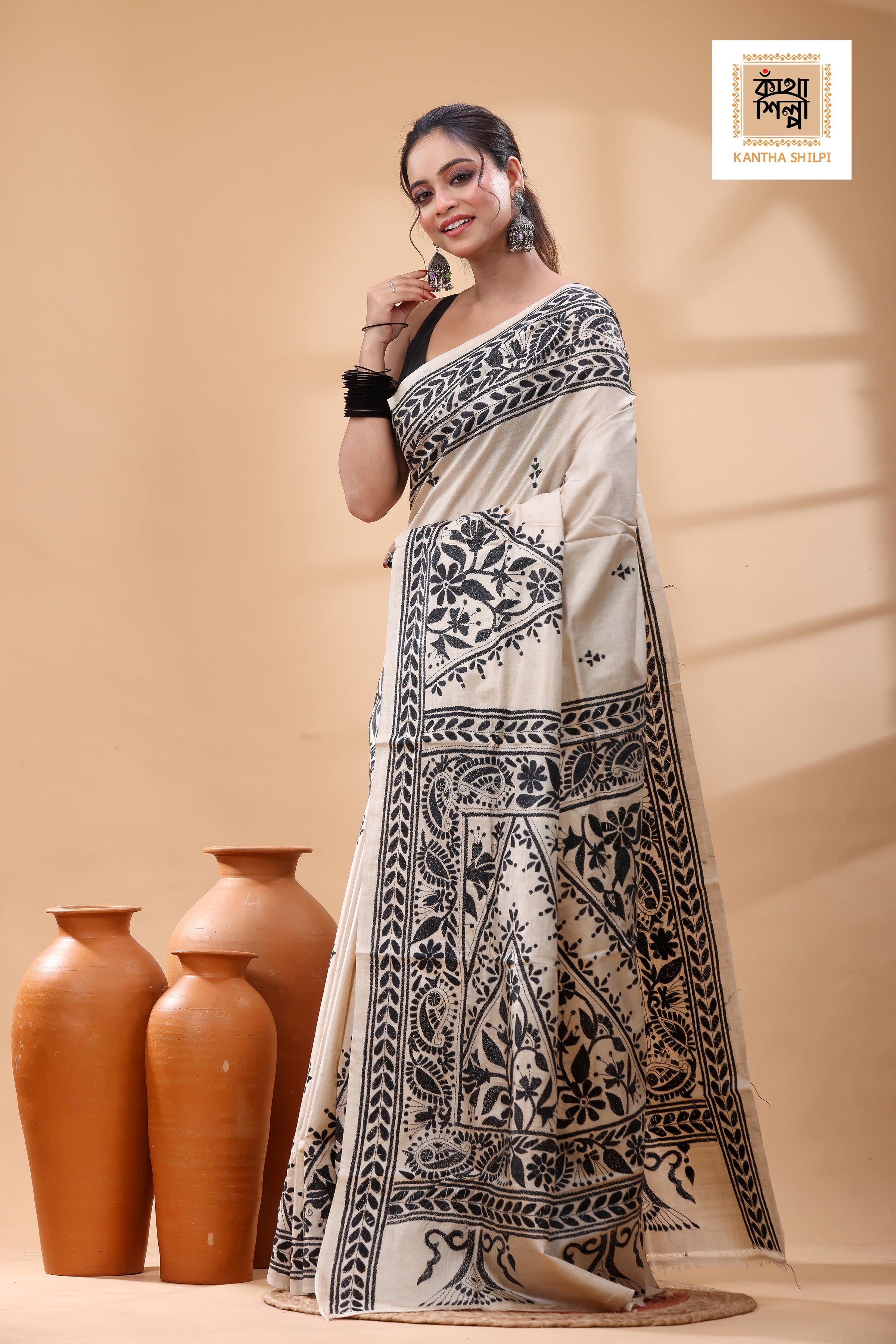 Pure Gachi Tussar Black Color Thread Work Kantha Stitch Saree