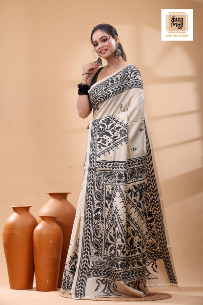 Pure Gachi Tussar Black Color Thread Work Kantha Stitch Saree