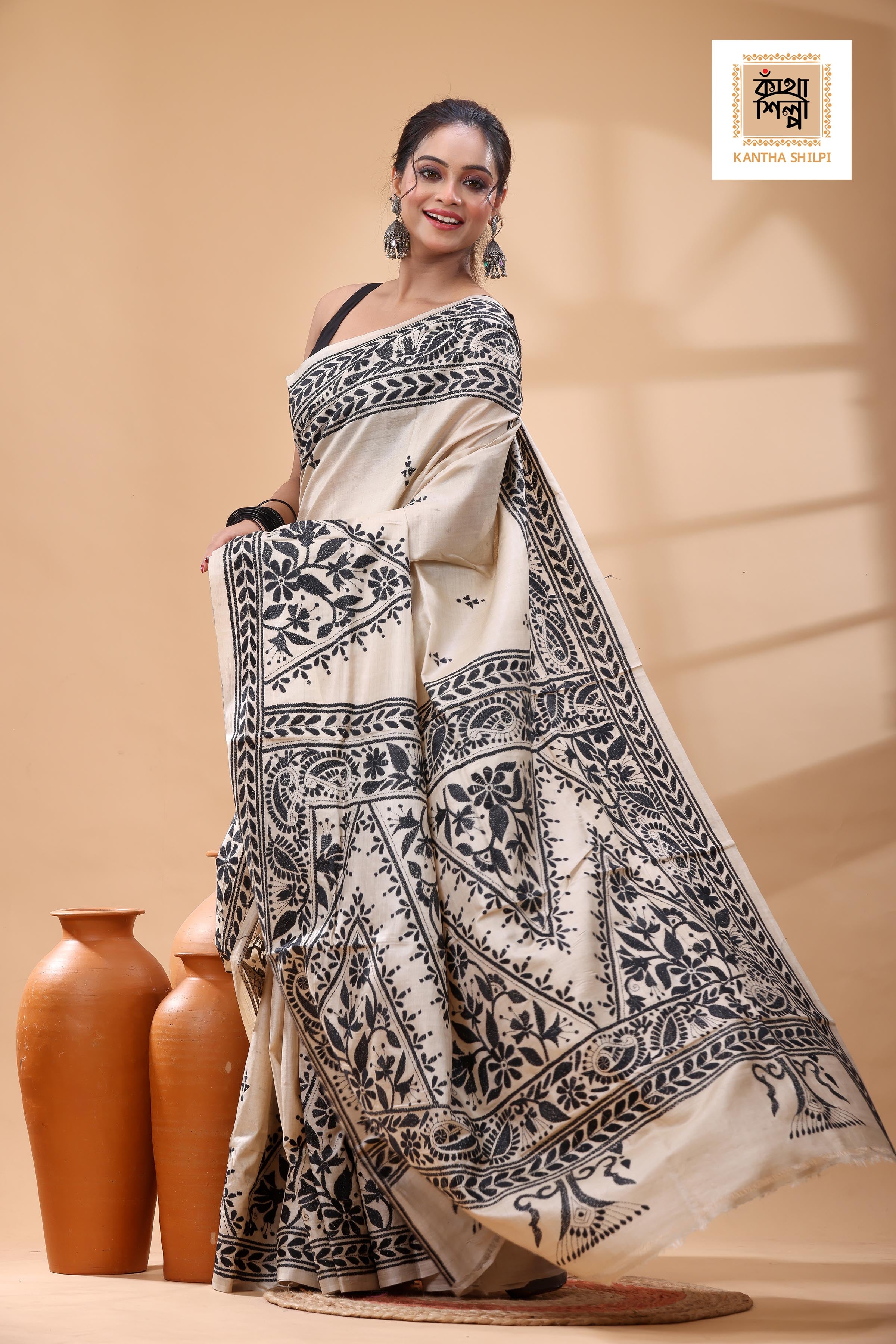 Pure Gachi Tussar Black Color Thread Work Kantha Stitch Saree