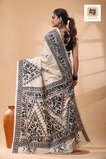 Pure Gachi Tussar Black Color Thread Work Kantha Stitch Saree