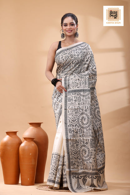 Pure Gachi Tussar Black Color Thread Work Kantha Stitch Saree