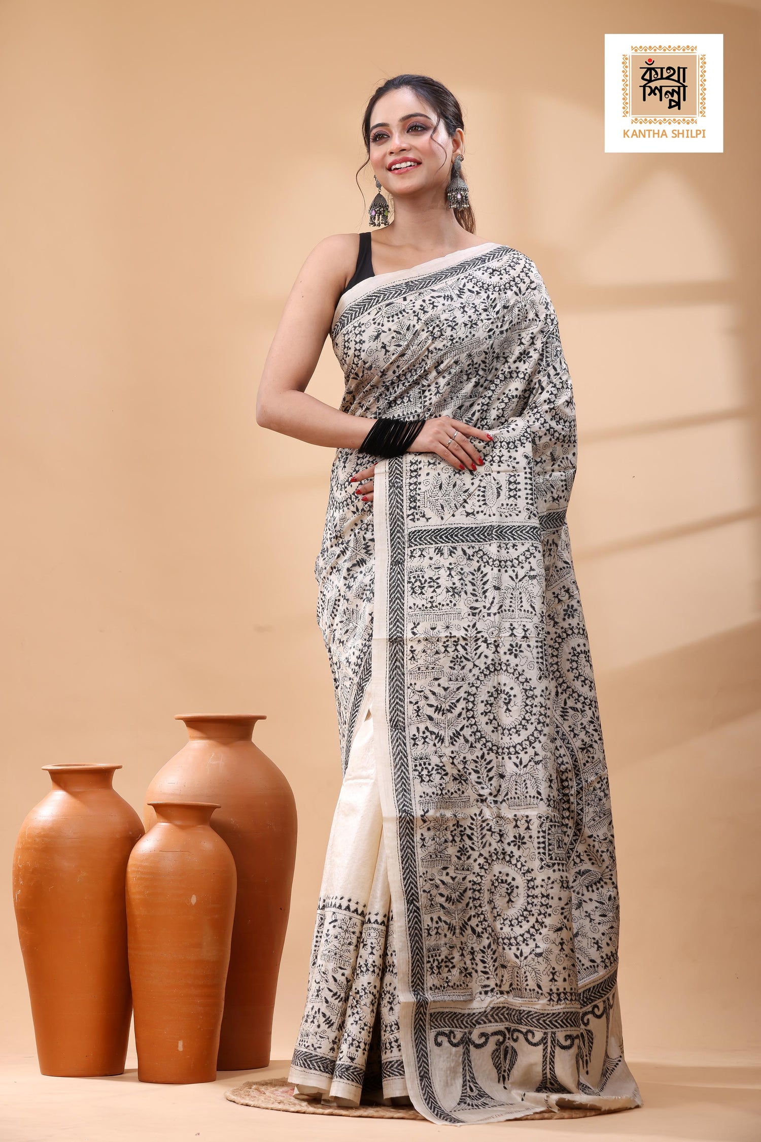 Pure Gachi Tussar Black Color Thread Work Kantha Stitch Saree