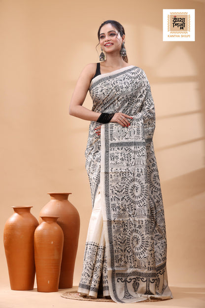 Pure Gachi Tussar Black Color Thread Work Kantha Stitch Saree