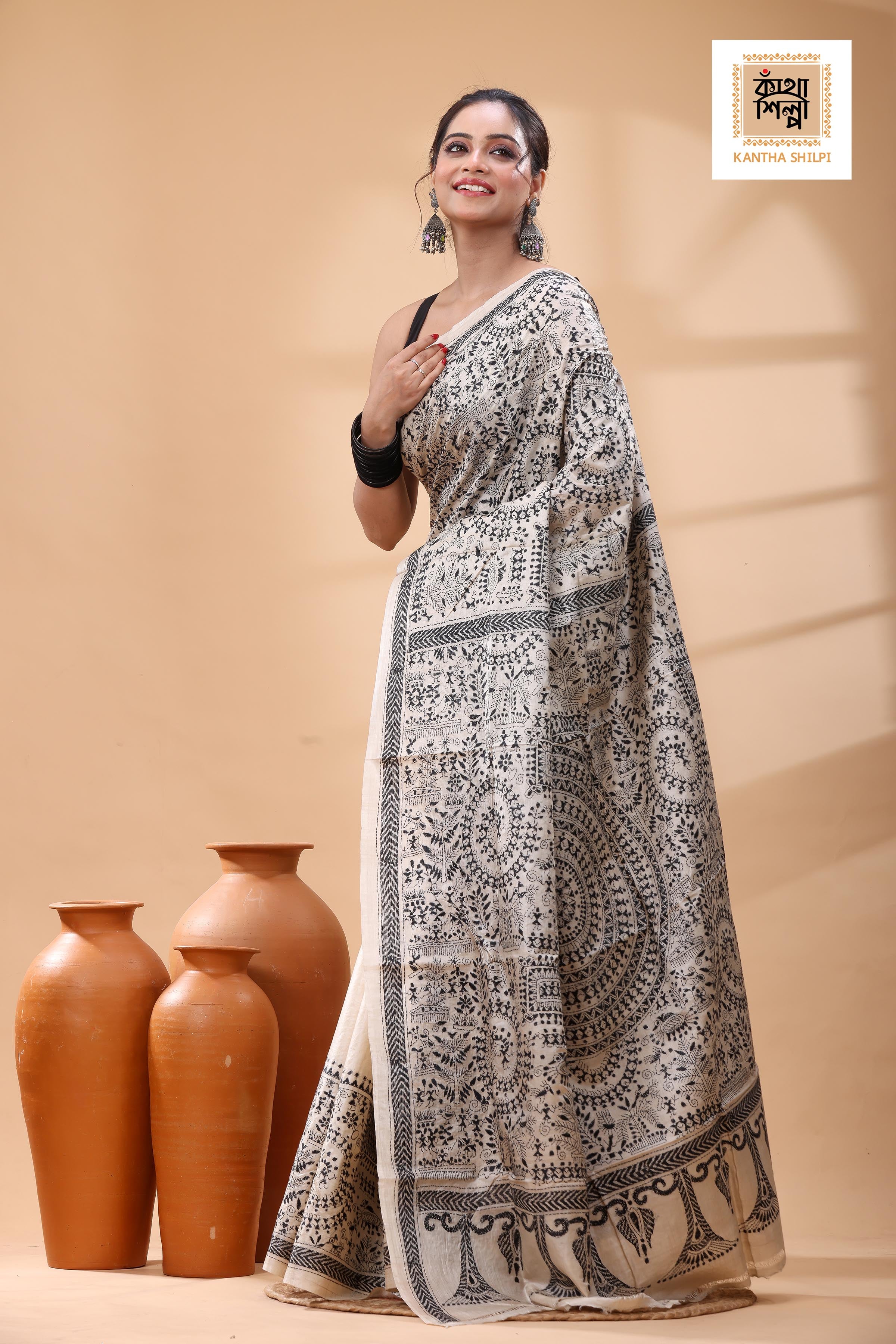 Pure Gachi Tussar Black Color Thread Work Kantha Stitch Saree