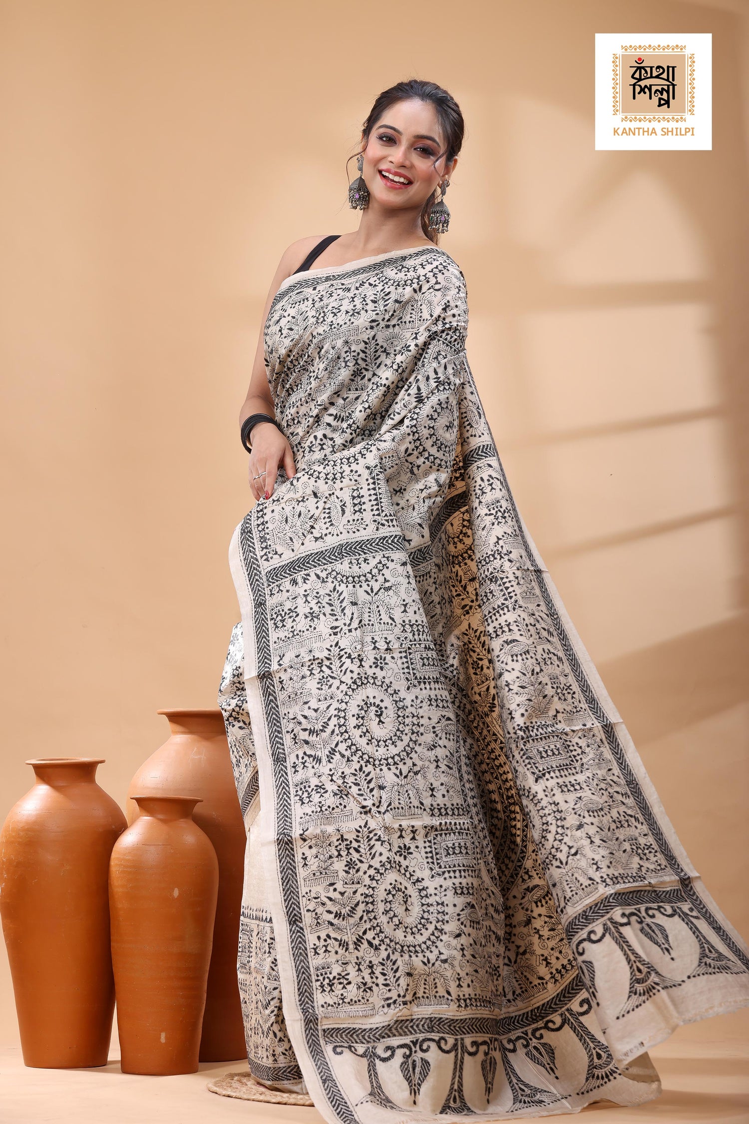 Pure Gachi Tussar Black Color Thread Work Kantha Stitch Saree
