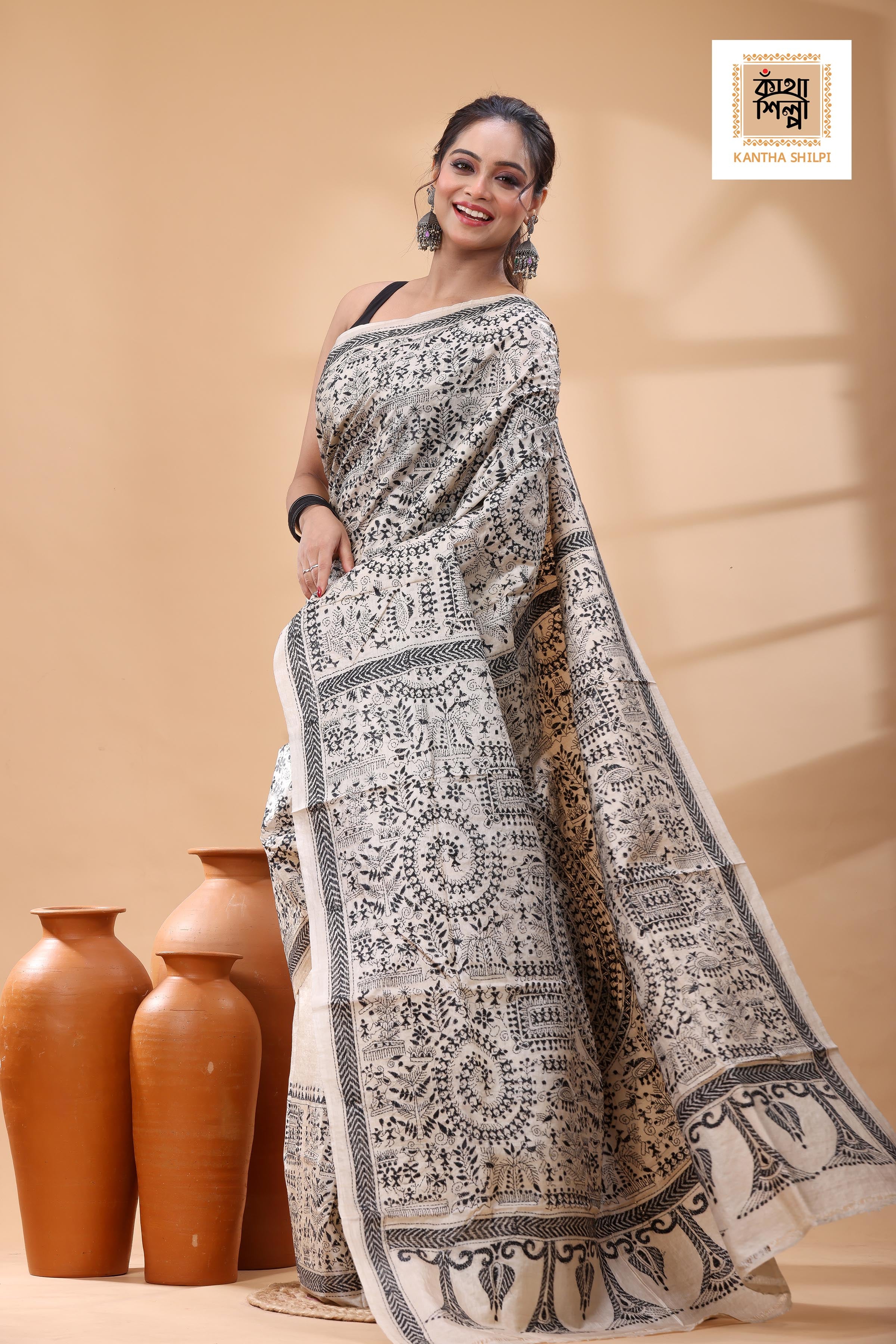 Pure Gachi Tussar Black Color Thread Work Kantha Stitch Saree