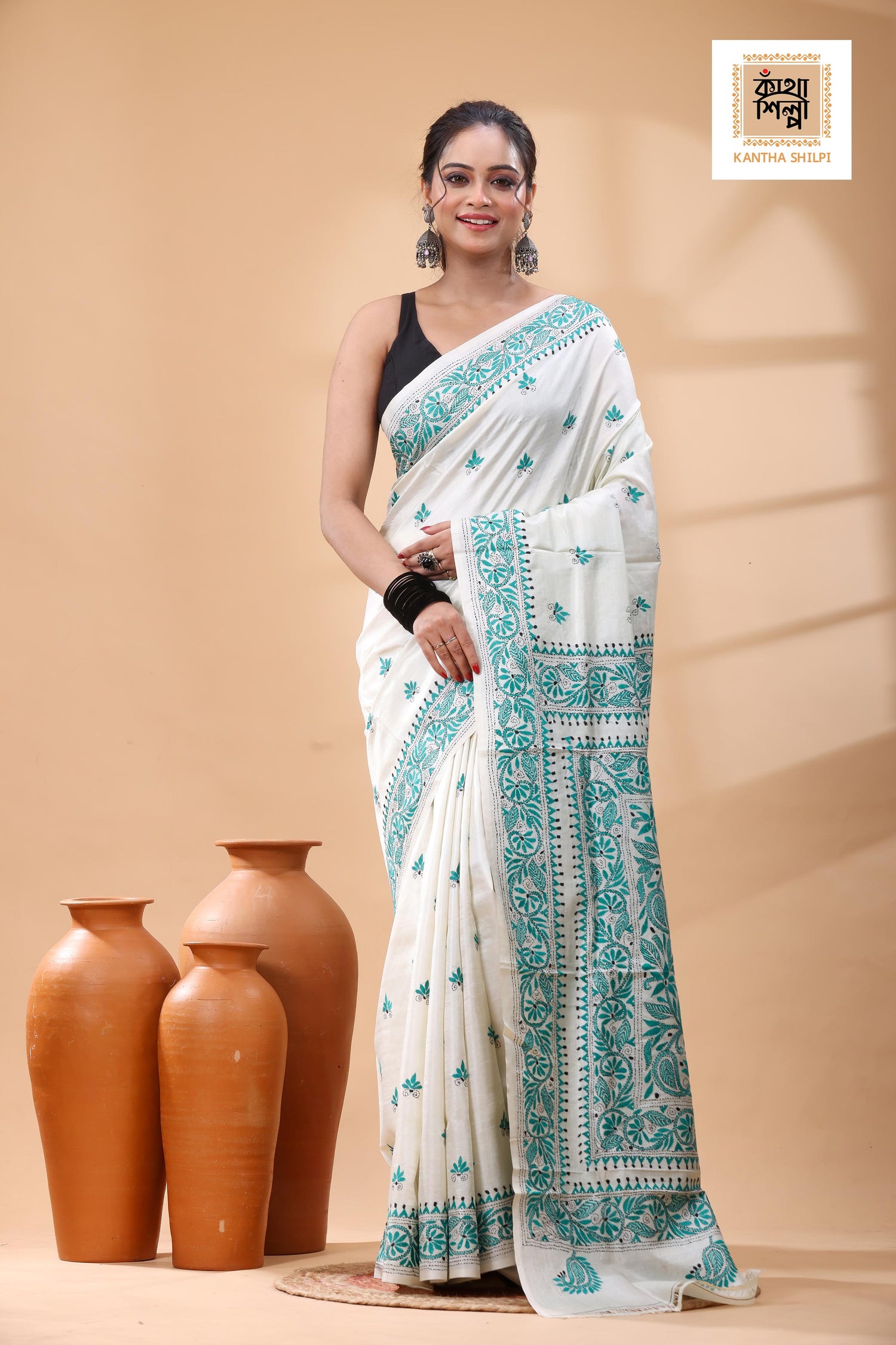 Pure Tussar Sea Green Color Thread Work Kantha Stitch Saree