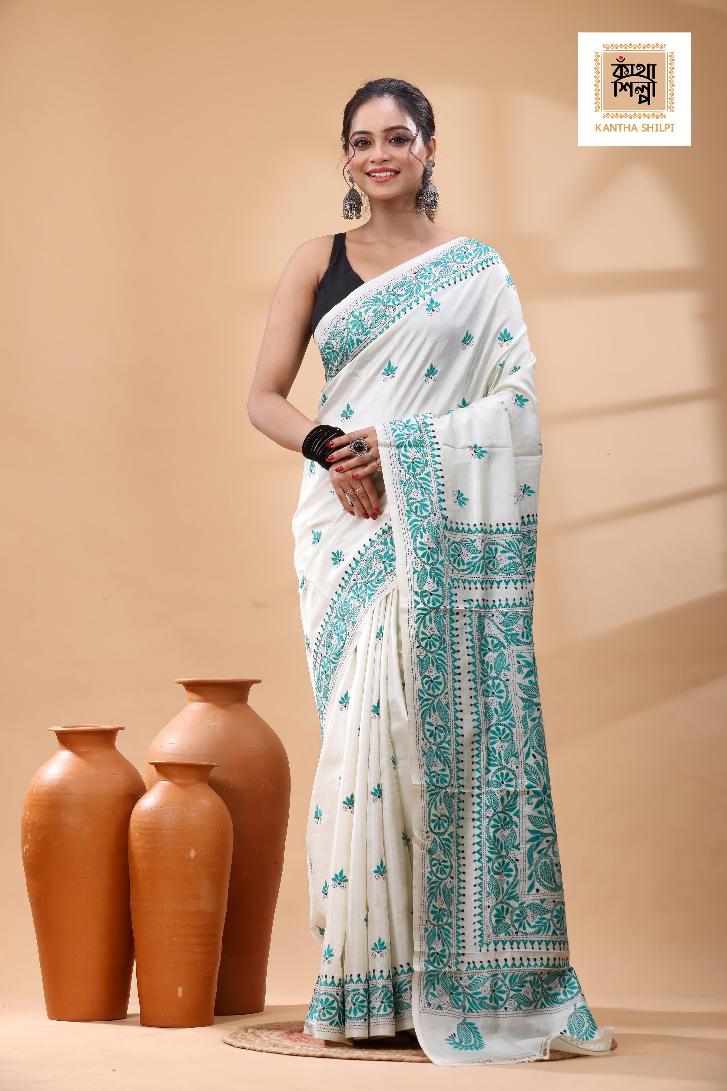 Pure Tussar Sea Green Color Thread Work Kantha Stitch Saree