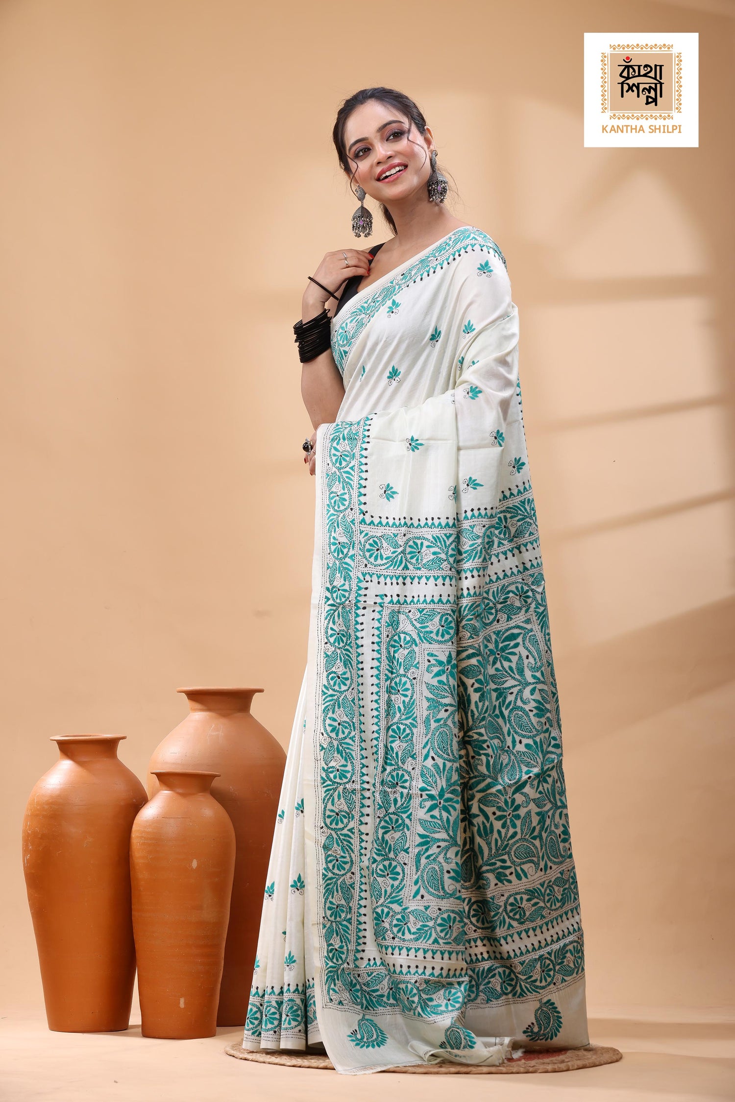 Pure Tussar Sea Green Color Thread Work Kantha Stitch Saree