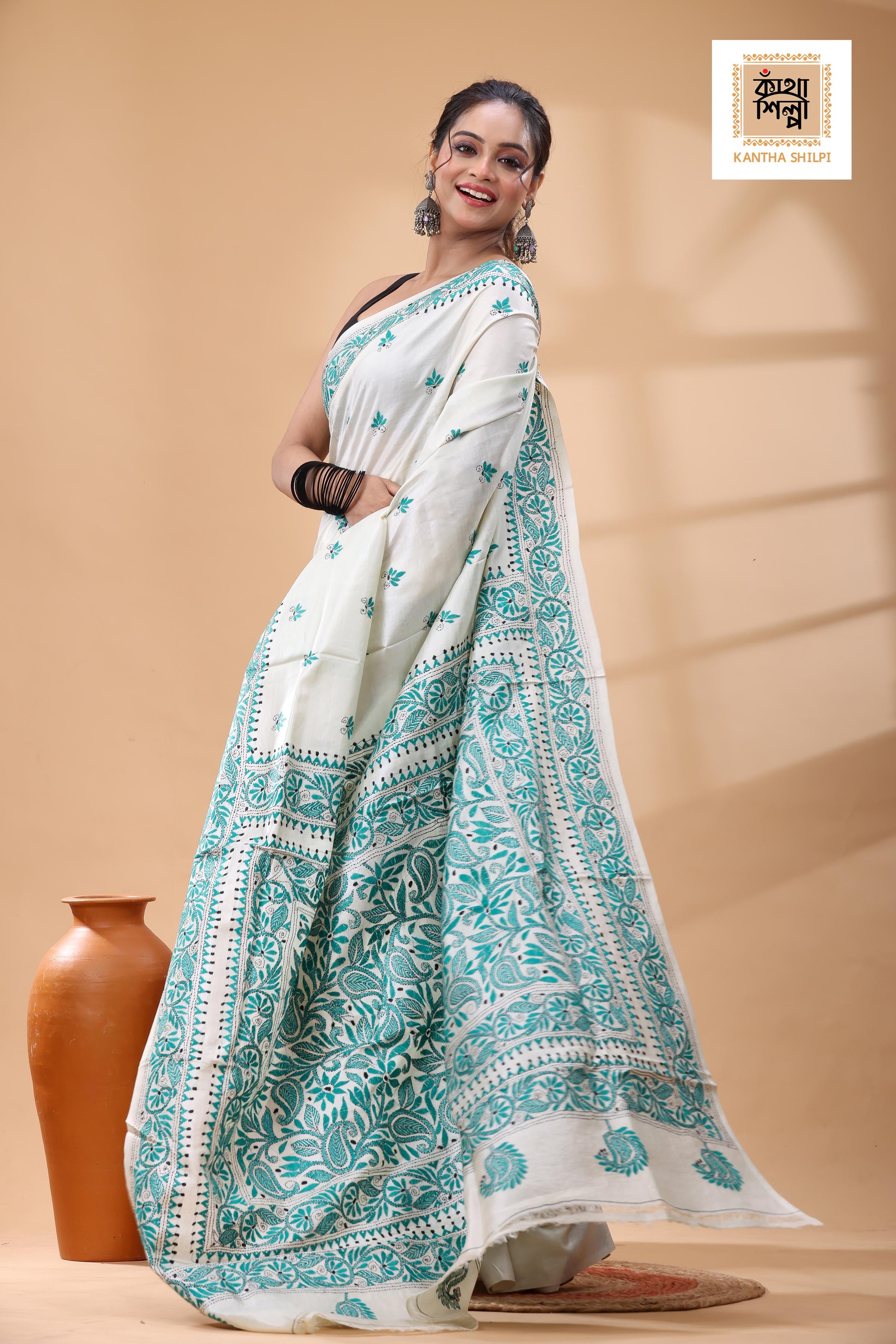 Pure Tussar Sea Green Color Thread Work Kantha Stitch Saree