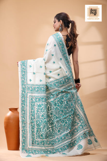 Pure Tussar Sea Green Color Thread Work Kantha Stitch Saree