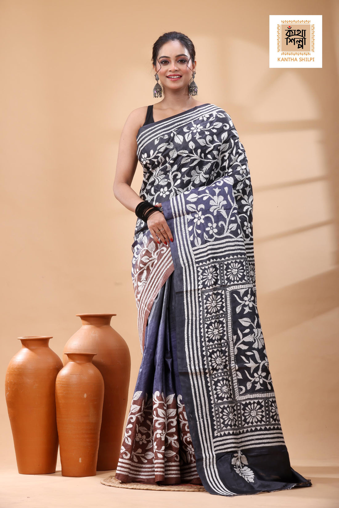 Pure Dye Gachi Tussar White Color Thread Work Kantha Stitch Saree