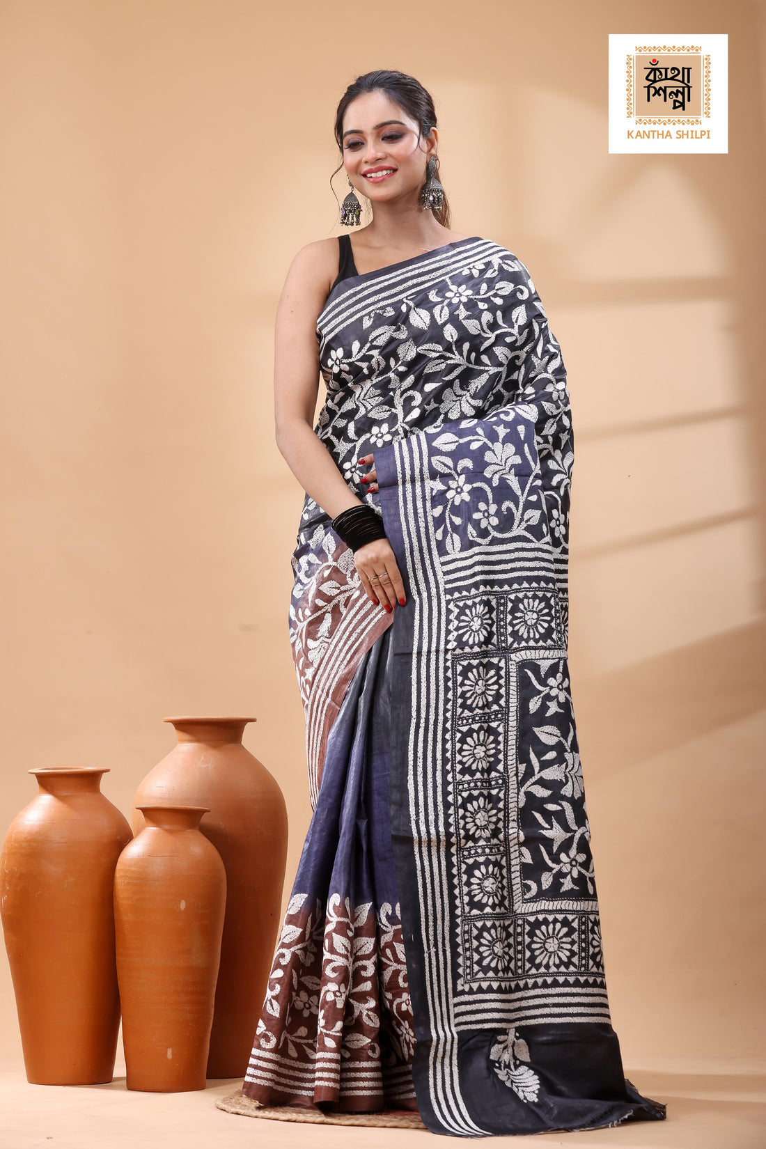Pure Dye Gachi Tussar White Color Thread Work Kantha Stitch Saree