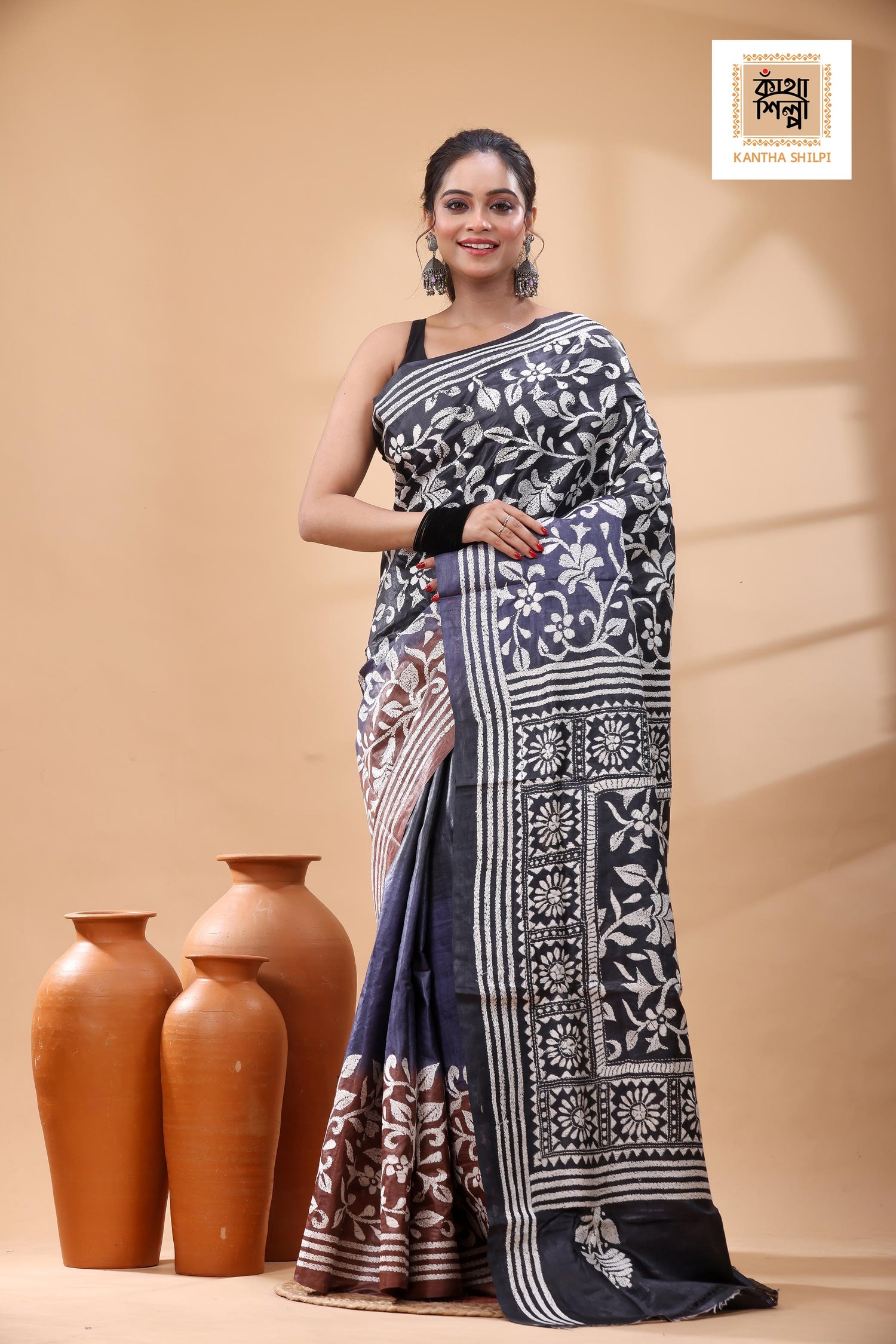 Pure Dye Gachi Tussar White Color Thread Work Kantha Stitch Saree