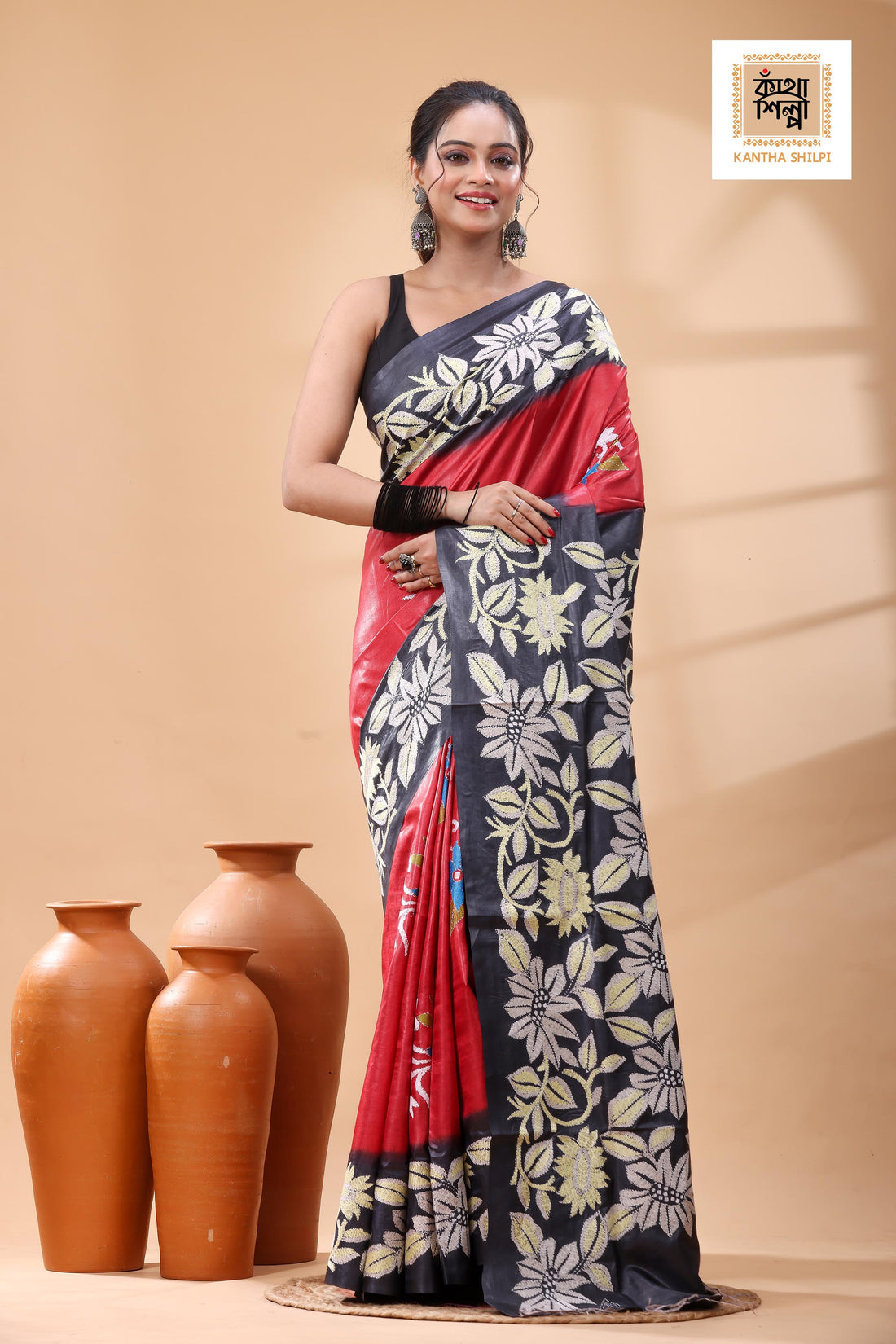 Pure Dye Gachi Tussar Multicolor Thread Work Kantha Stitch Saree
