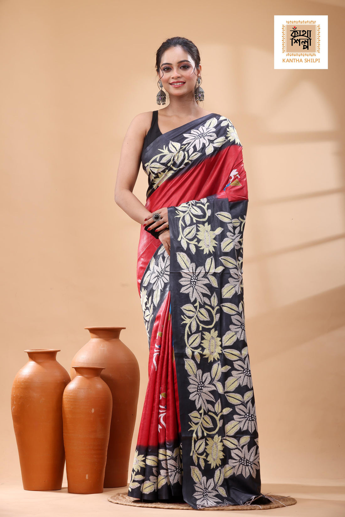 Pure Dye Gachi Tussar Multicolor Thread Work Kantha Stitch Saree