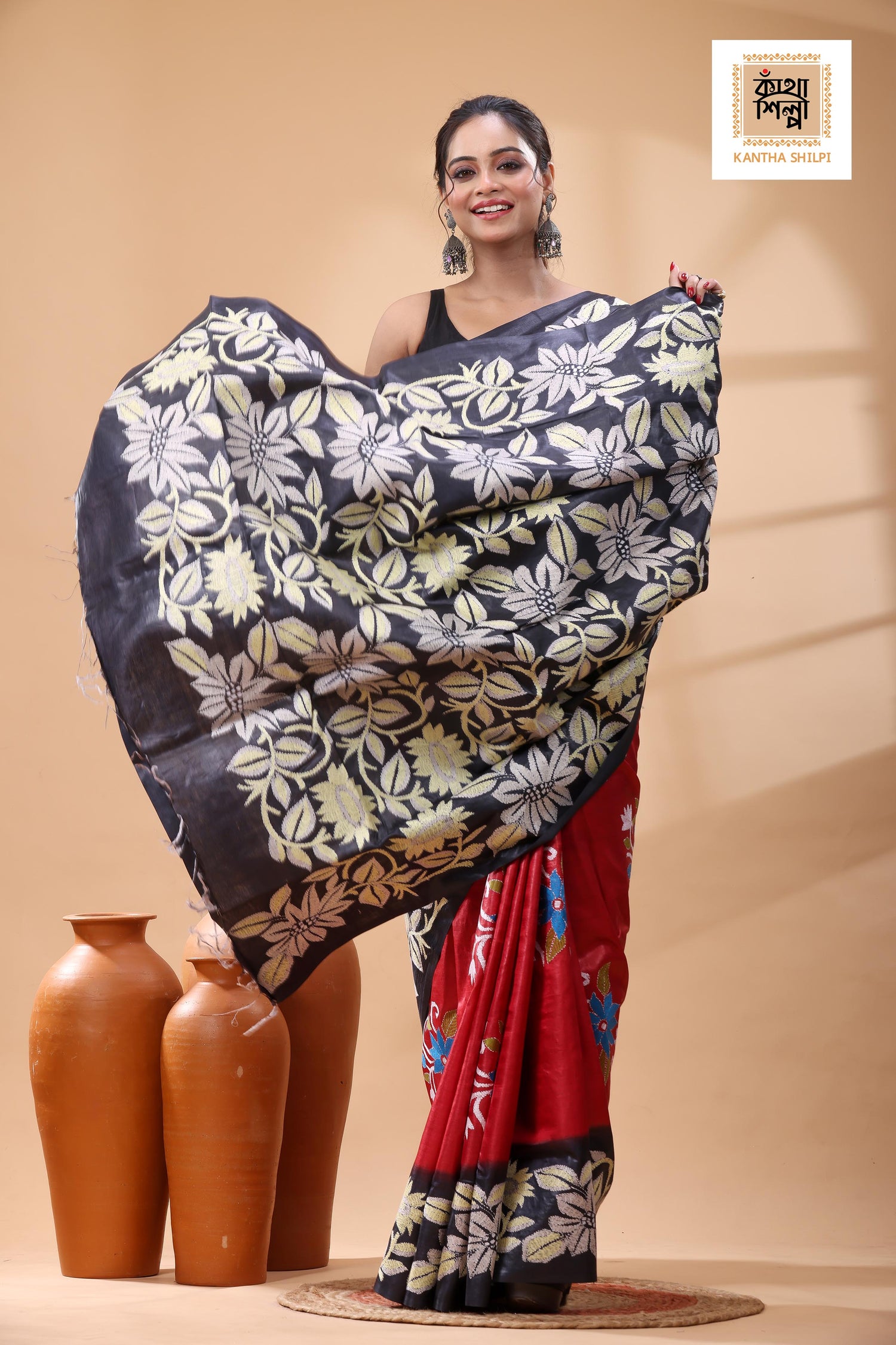 Pure Dye Gachi Tussar Multicolor Thread Work Kantha Stitch Saree