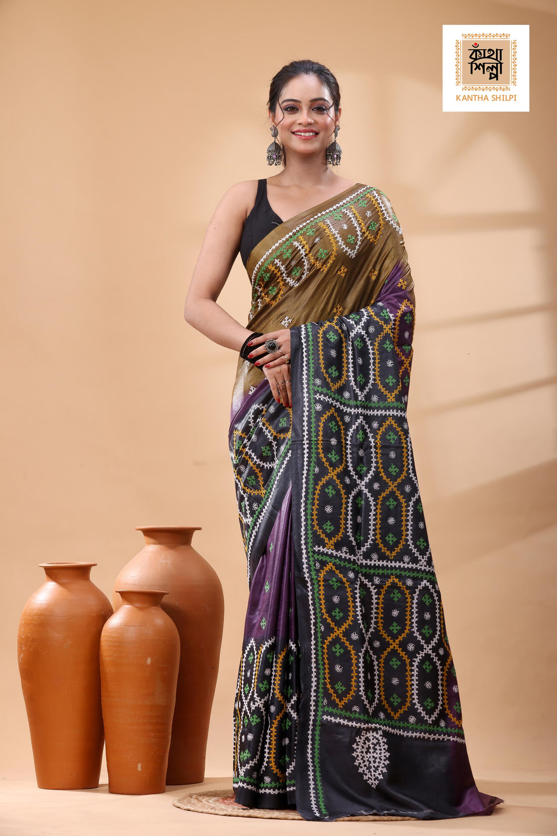 Pure Gachi Tussar Multicolor Dye And Multicolor Thread Work Gujrati Stitch Saree