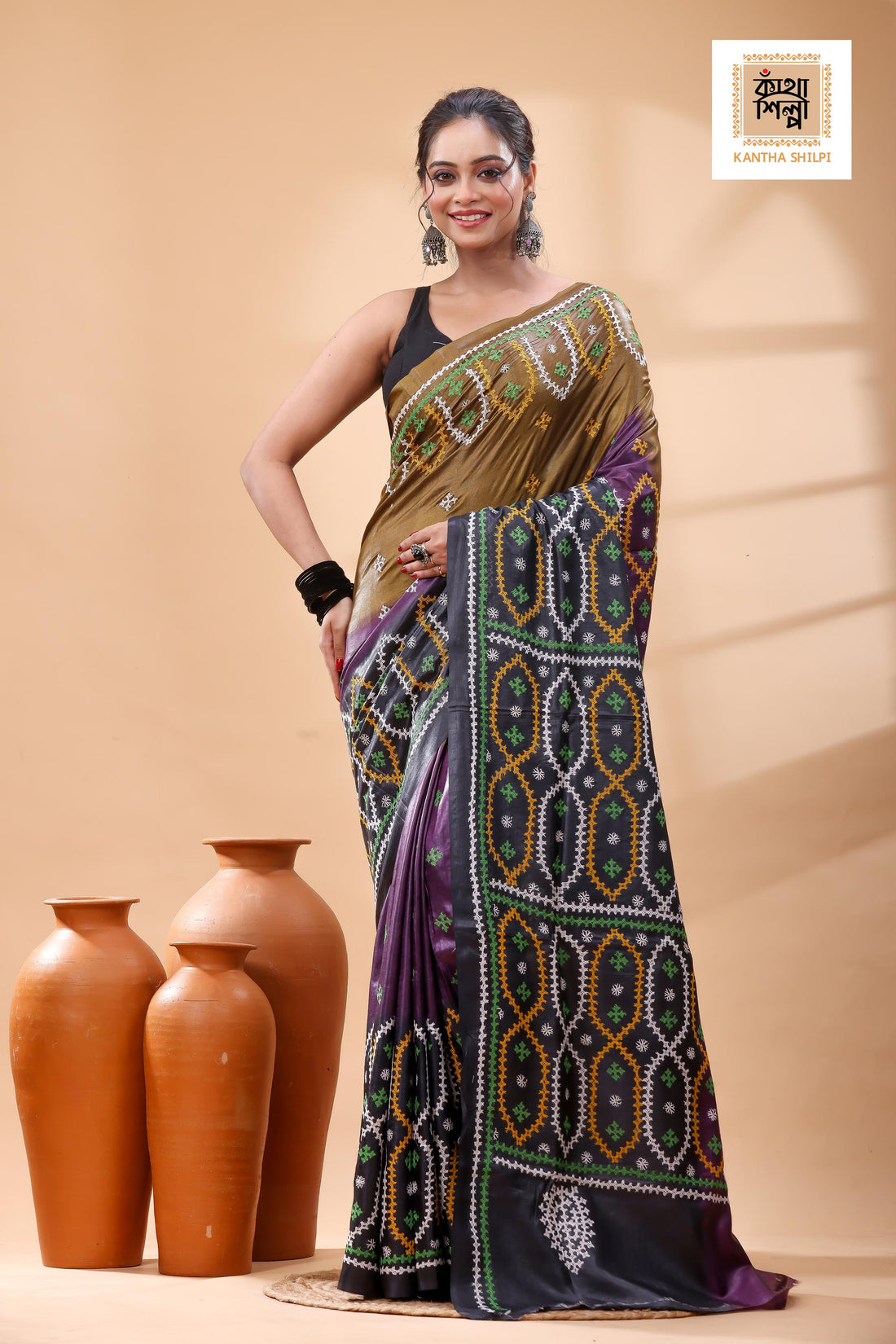 Pure Gachi Tussar Multicolor Dye And Multicolor Thread Work Gujrati Stitch Saree
