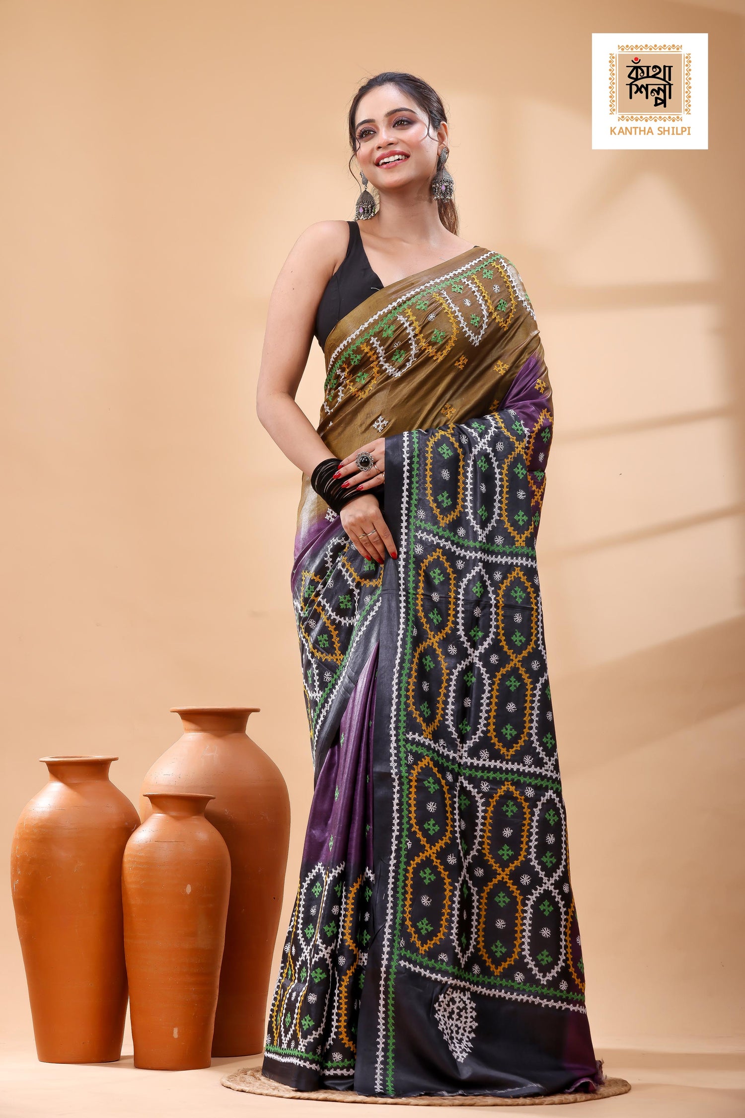Pure Gachi Tussar Multicolor Dye And Multicolor Thread Work Gujrati Stitch Saree