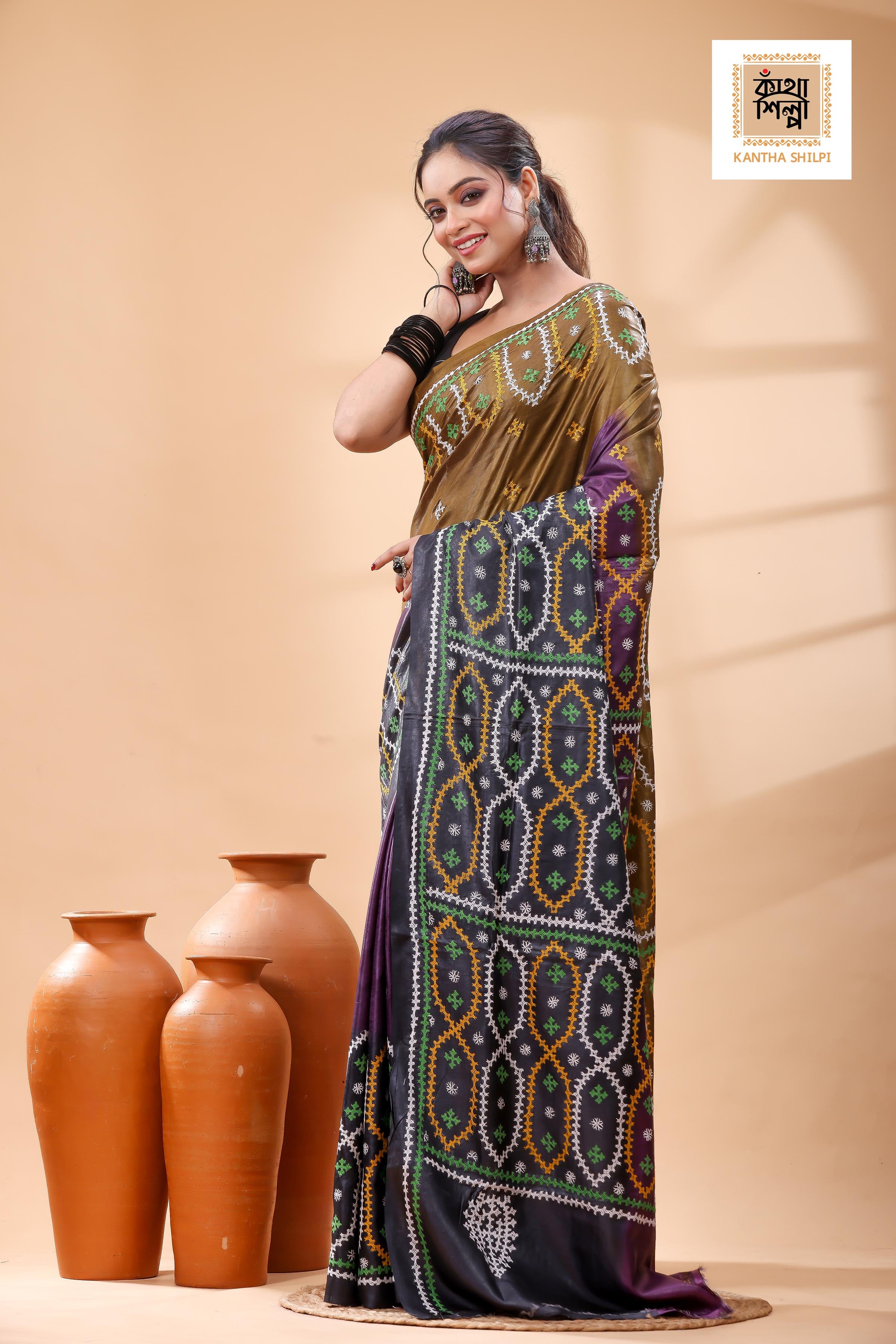 Pure Gachi Tussar Multicolor Dye And Multicolor Thread Work Gujrati Stitch Saree
