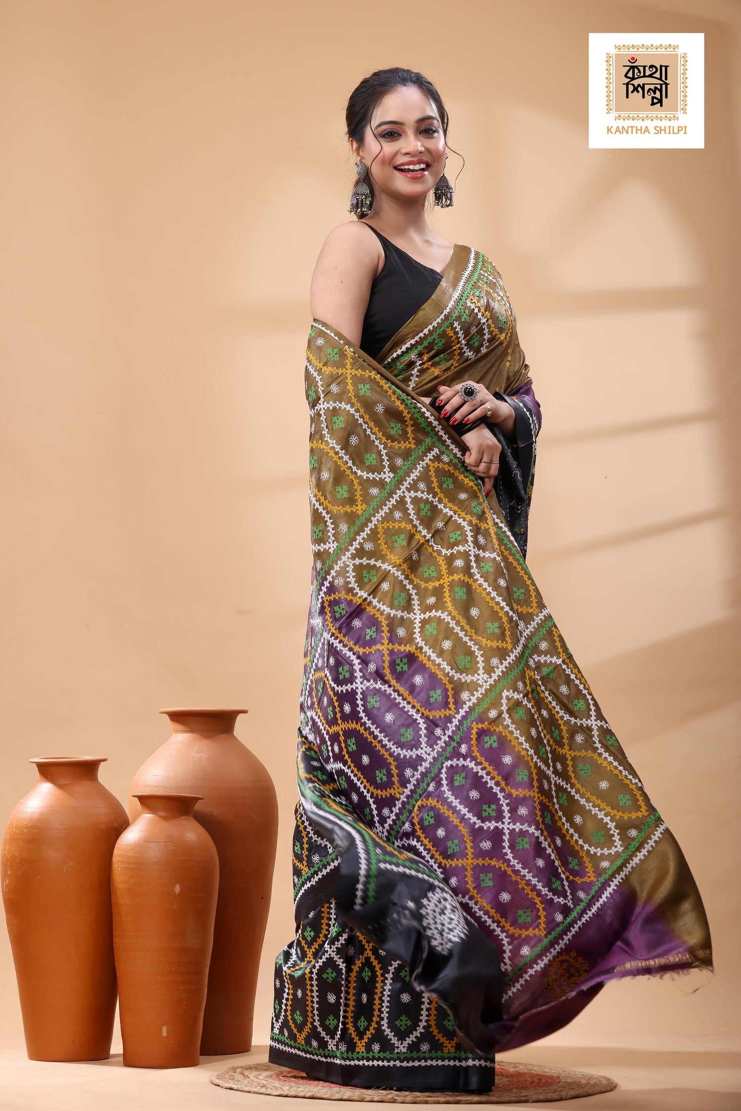 Pure Gachi Tussar Multicolor Dye And Multicolor Thread Work Gujrati Stitch Saree