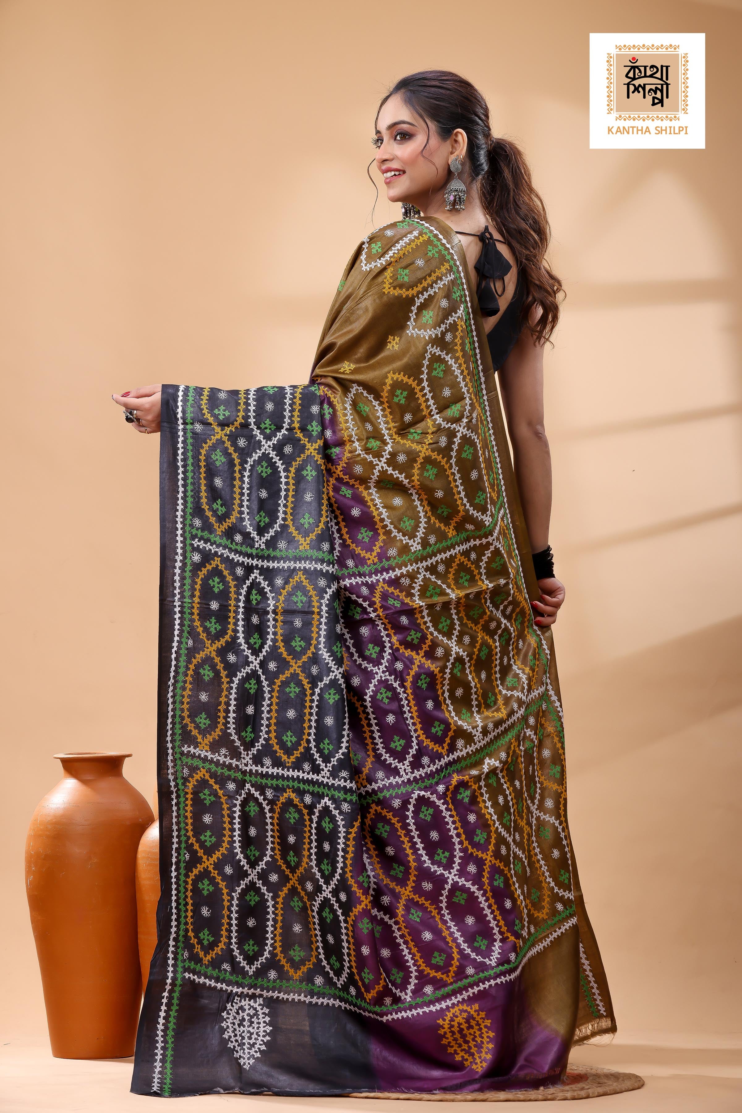Pure Gachi Tussar Multicolor Dye And Multicolor Thread Work Gujrati Stitch Saree