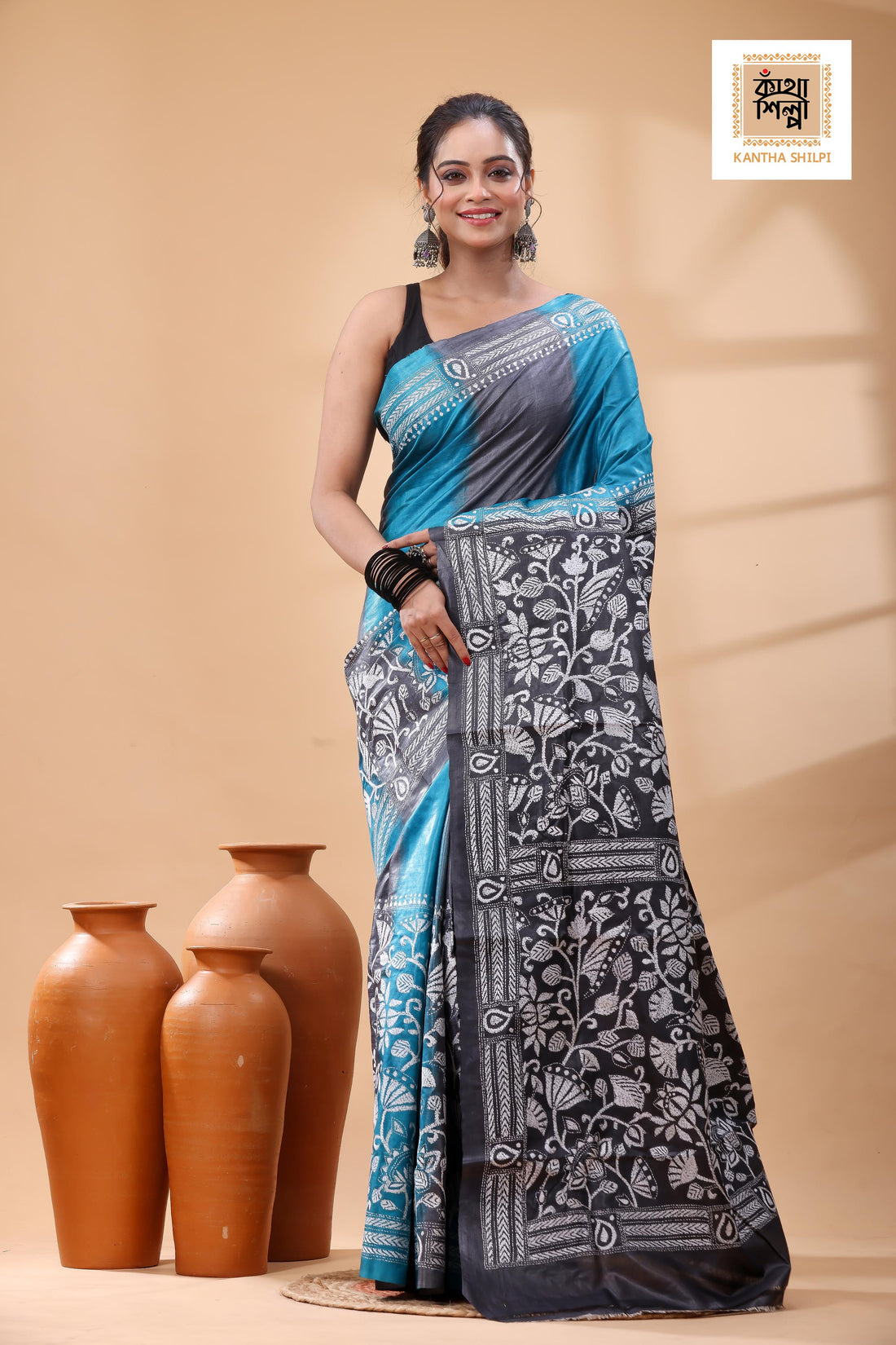 Pure Dye Gachi Tussar White Color Thread Work Kantha Stitch Saree