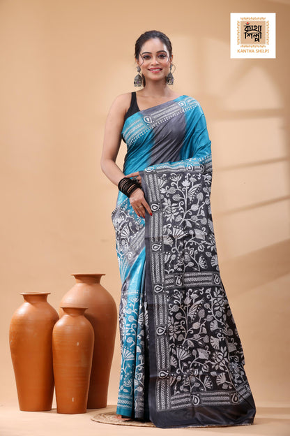 Pure Dye Gachi Tussar White Color Thread Work Kantha Stitch Saree
