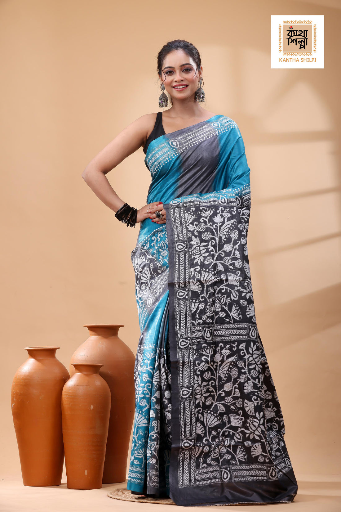 Pure Dye Gachi Tussar White Color Thread Work Kantha Stitch Saree