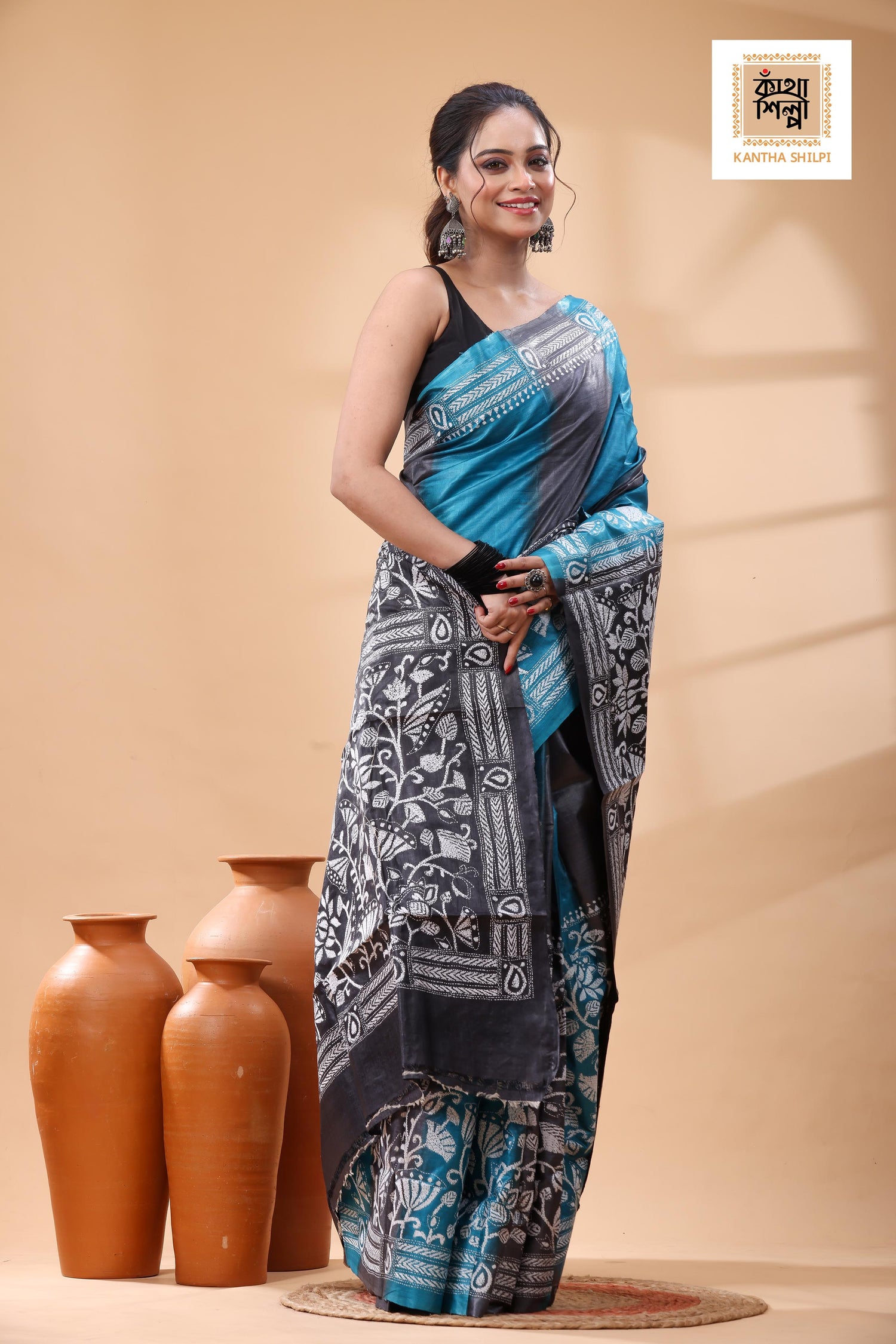 Pure Dye Gachi Tussar White Color Thread Work Kantha Stitch Saree