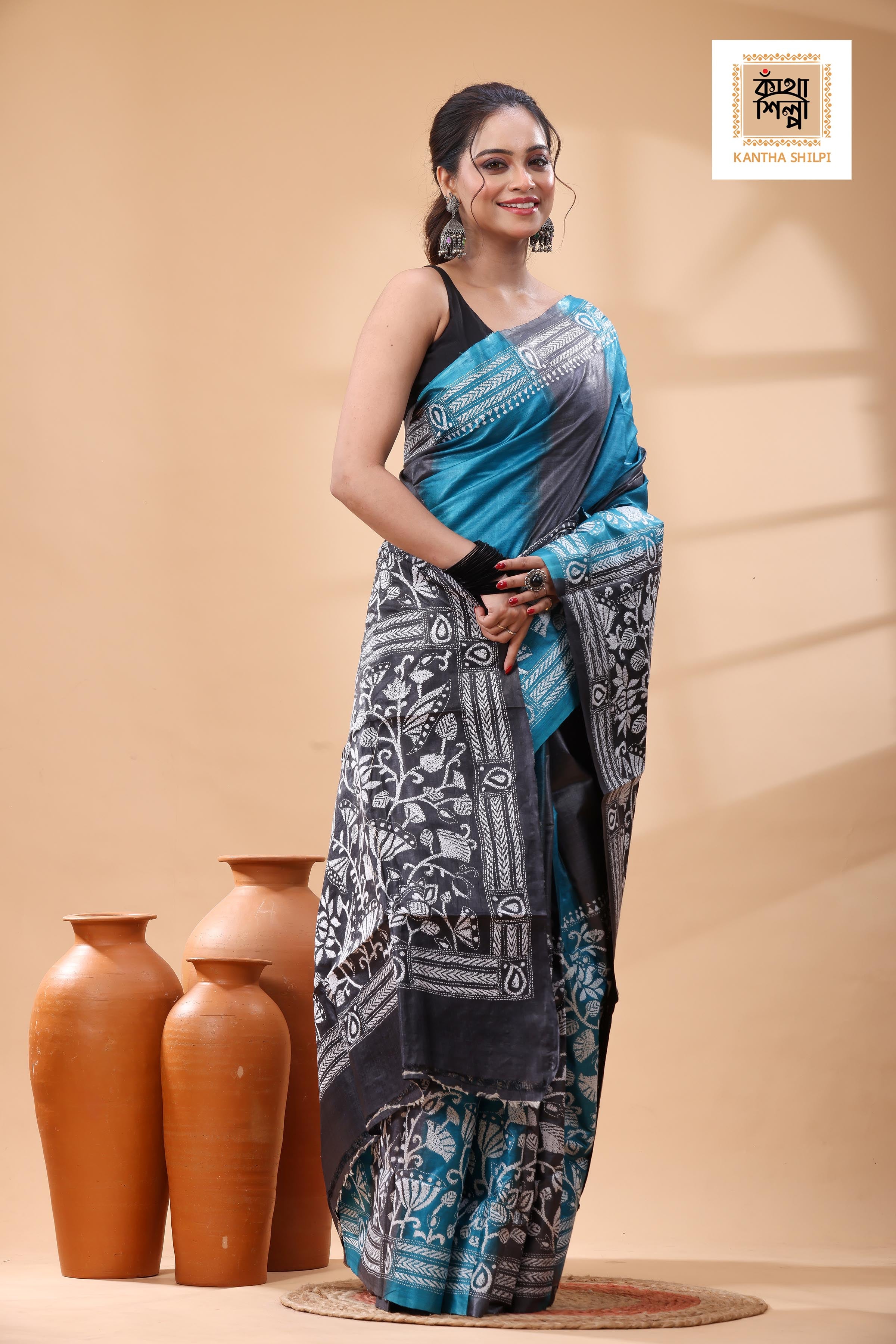 Pure Dye Gachi Tussar White Color Thread Work Kantha Stitch Saree