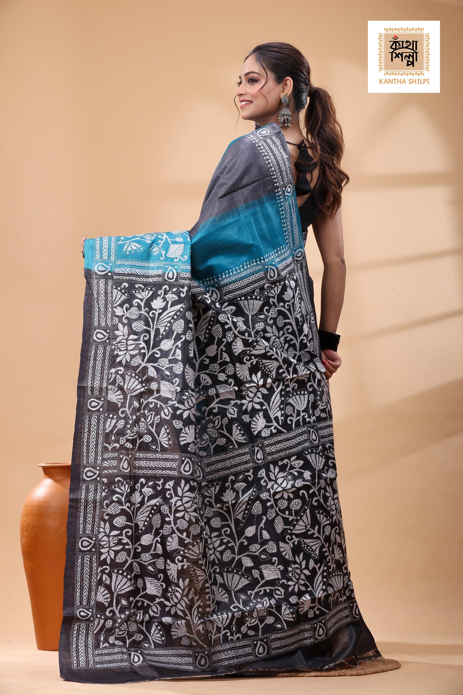 Pure Dye Gachi Tussar White Color Thread Work Kantha Stitch Saree
