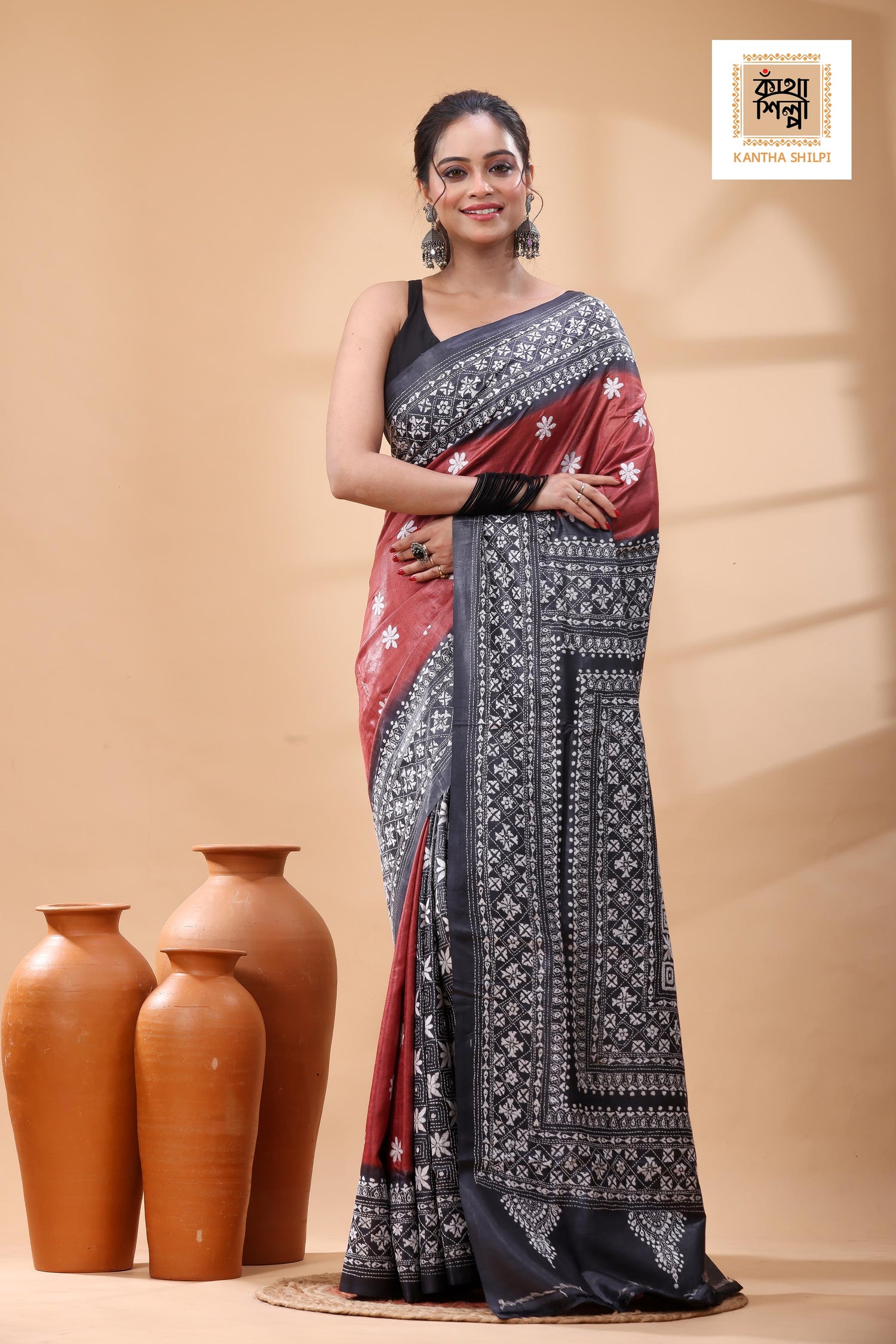 Pure Dye Gachi Tussar White Color Thread Work Kantha Stitch Saree