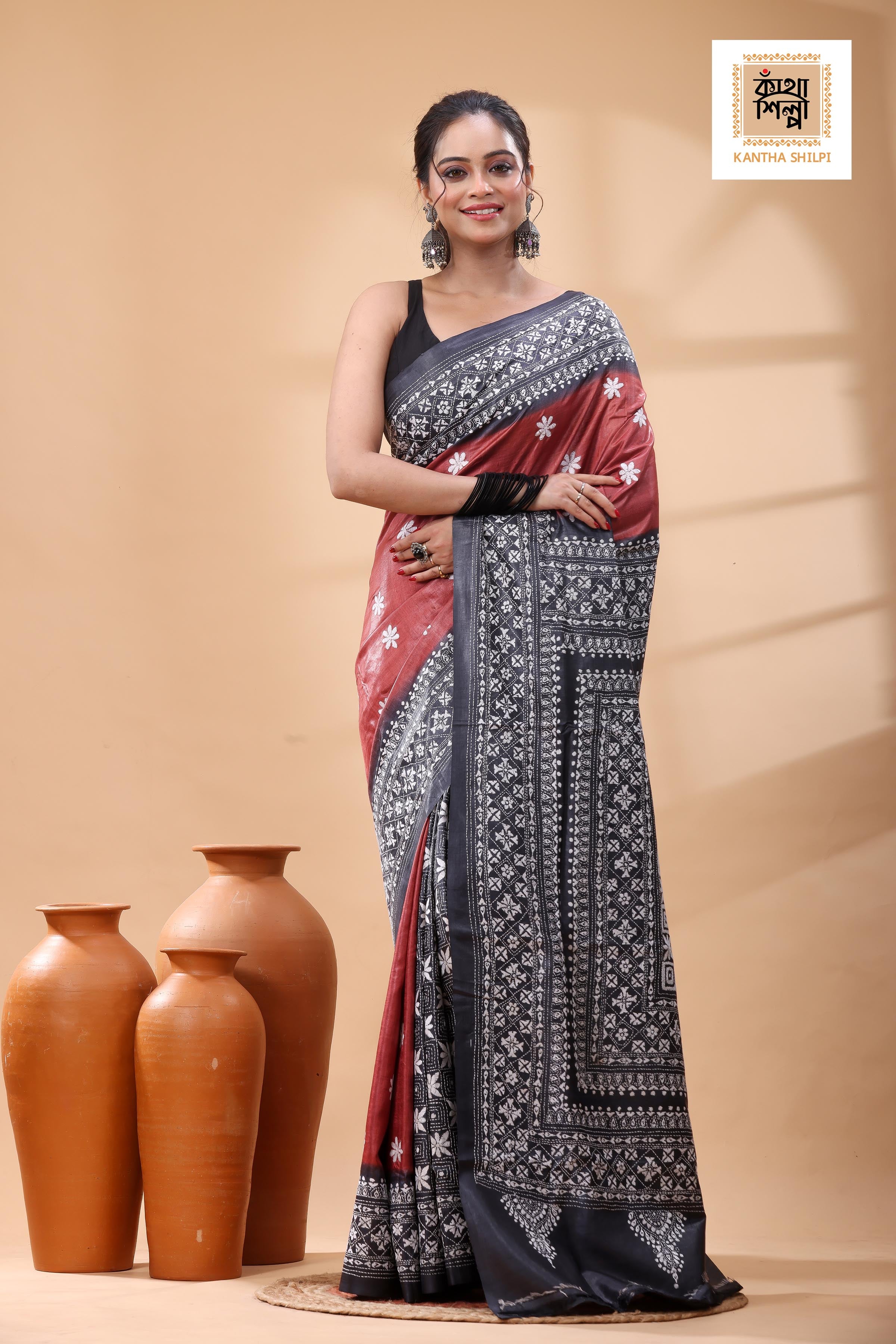Pure Dye Gachi Tussar White Color Thread Work Kantha Stitch Saree