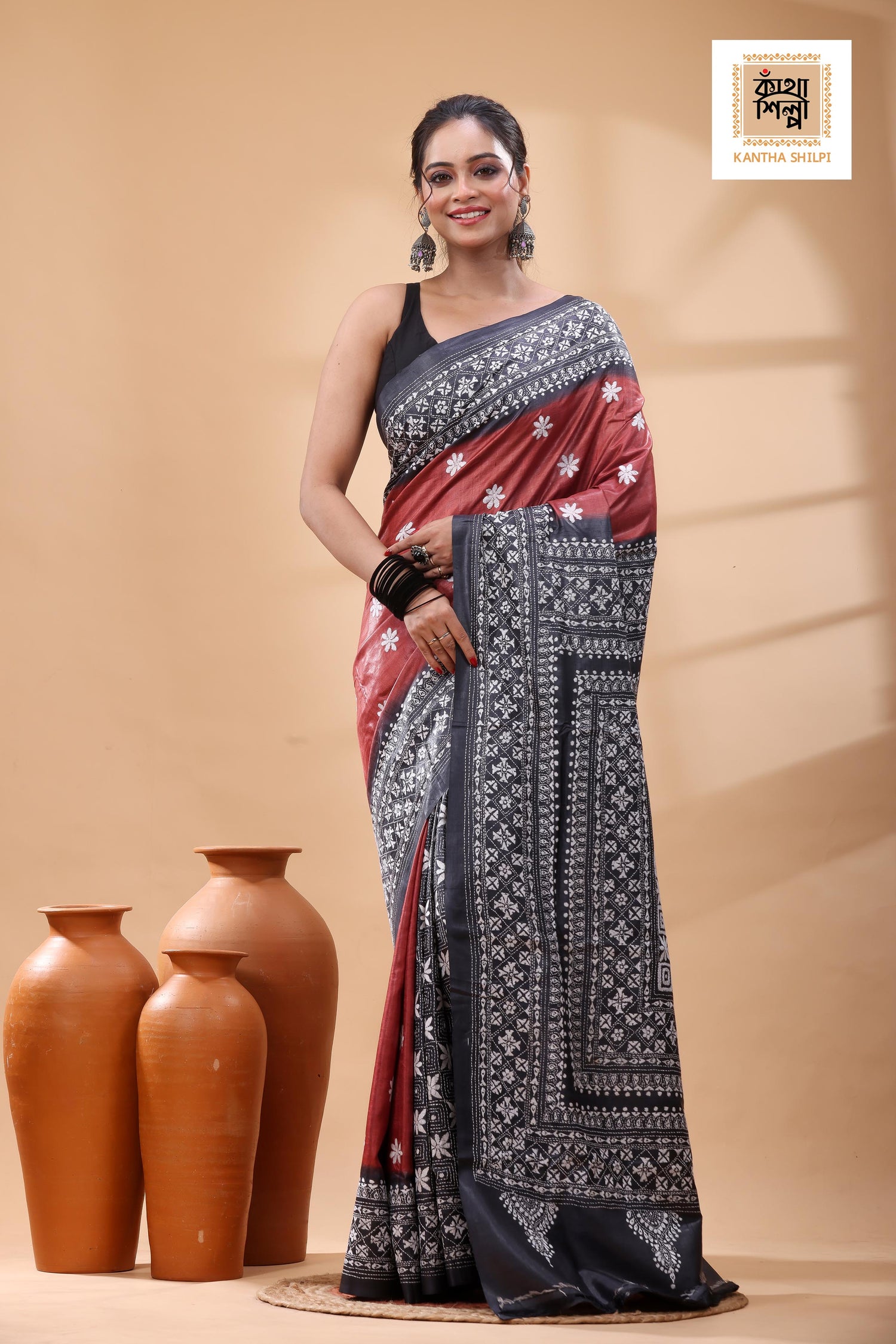 Pure Dye Gachi Tussar White Color Thread Work Kantha Stitch Saree