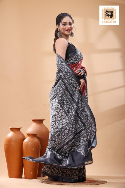 Pure Dye Gachi Tussar White Color Thread Work Kantha Stitch Saree