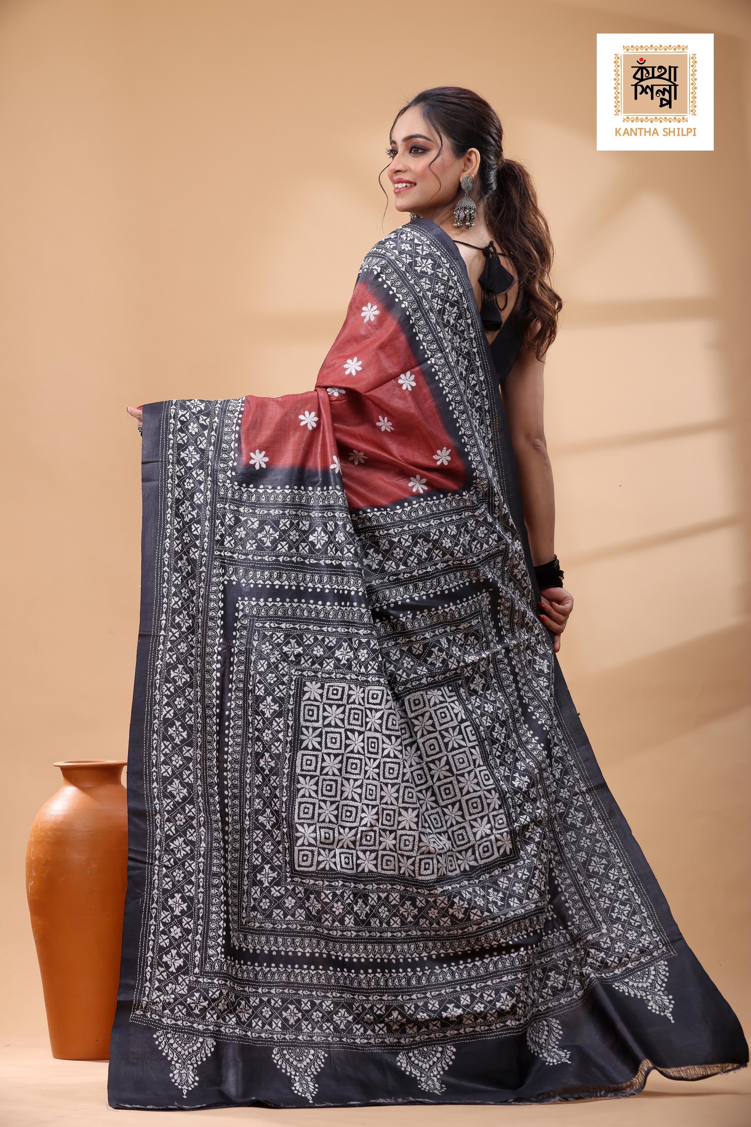 Pure Dye Gachi Tussar White Color Thread Work Kantha Stitch Saree
