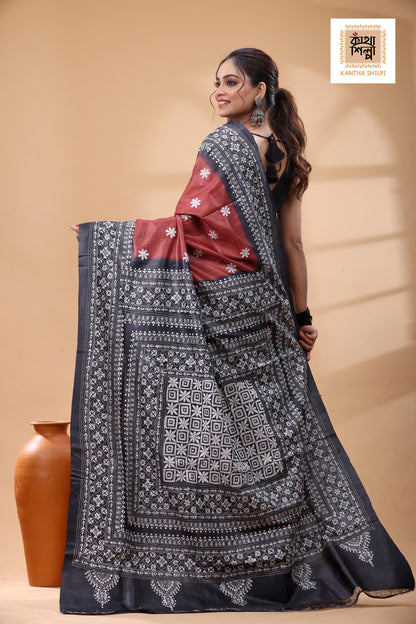 Pure Dye Gachi Tussar White Color Thread Work Kantha Stitch Saree
