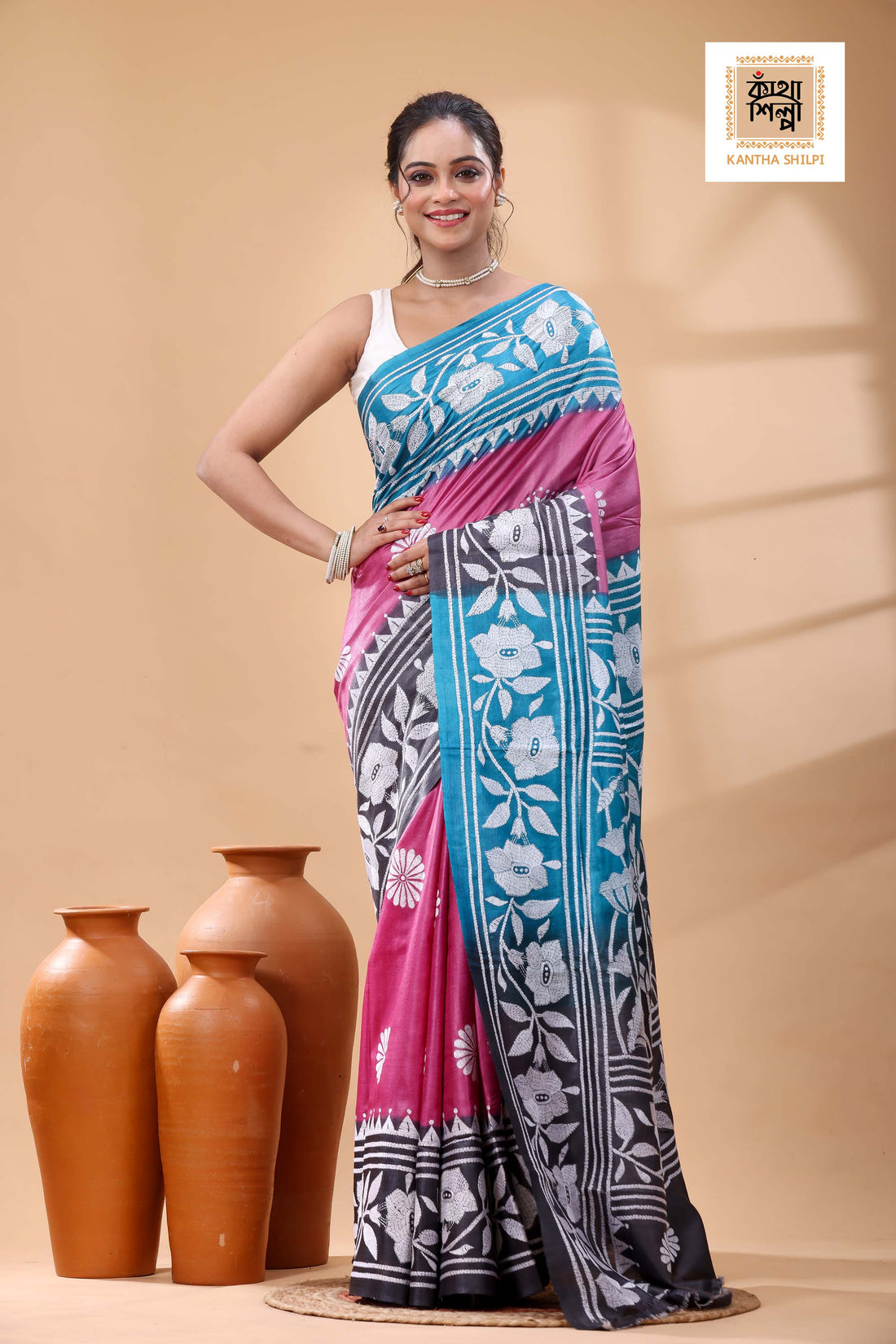Pure Dye Gachi Tussar White Color Thread Work Kantha Stitch Saree