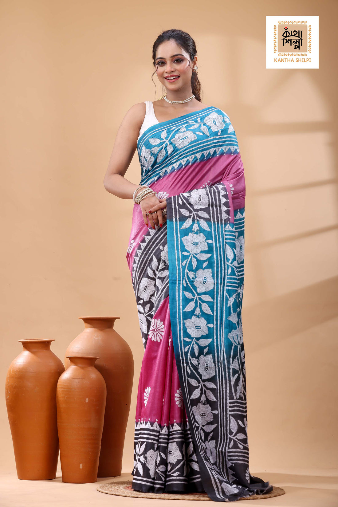 Pure Dye Gachi Tussar White Color Thread Work Kantha Stitch Saree