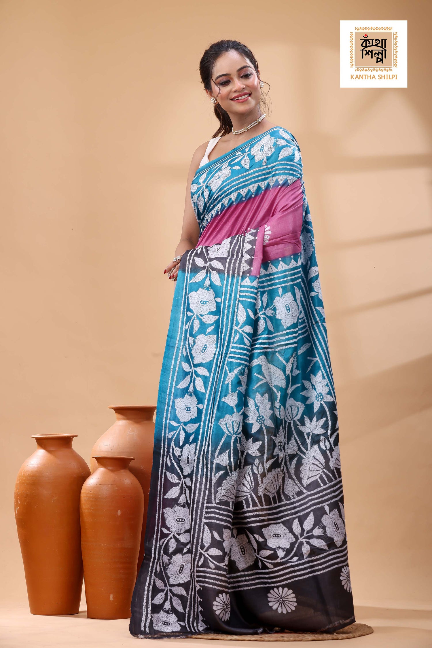 Pure Dye Gachi Tussar White Color Thread Work Kantha Stitch Saree