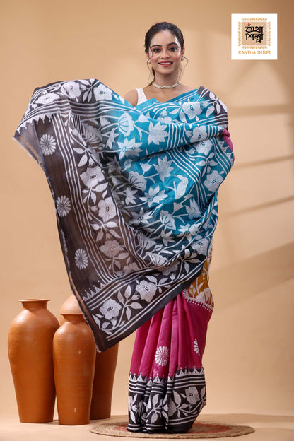 Pure Dye Gachi Tussar White Color Thread Work Kantha Stitch Saree