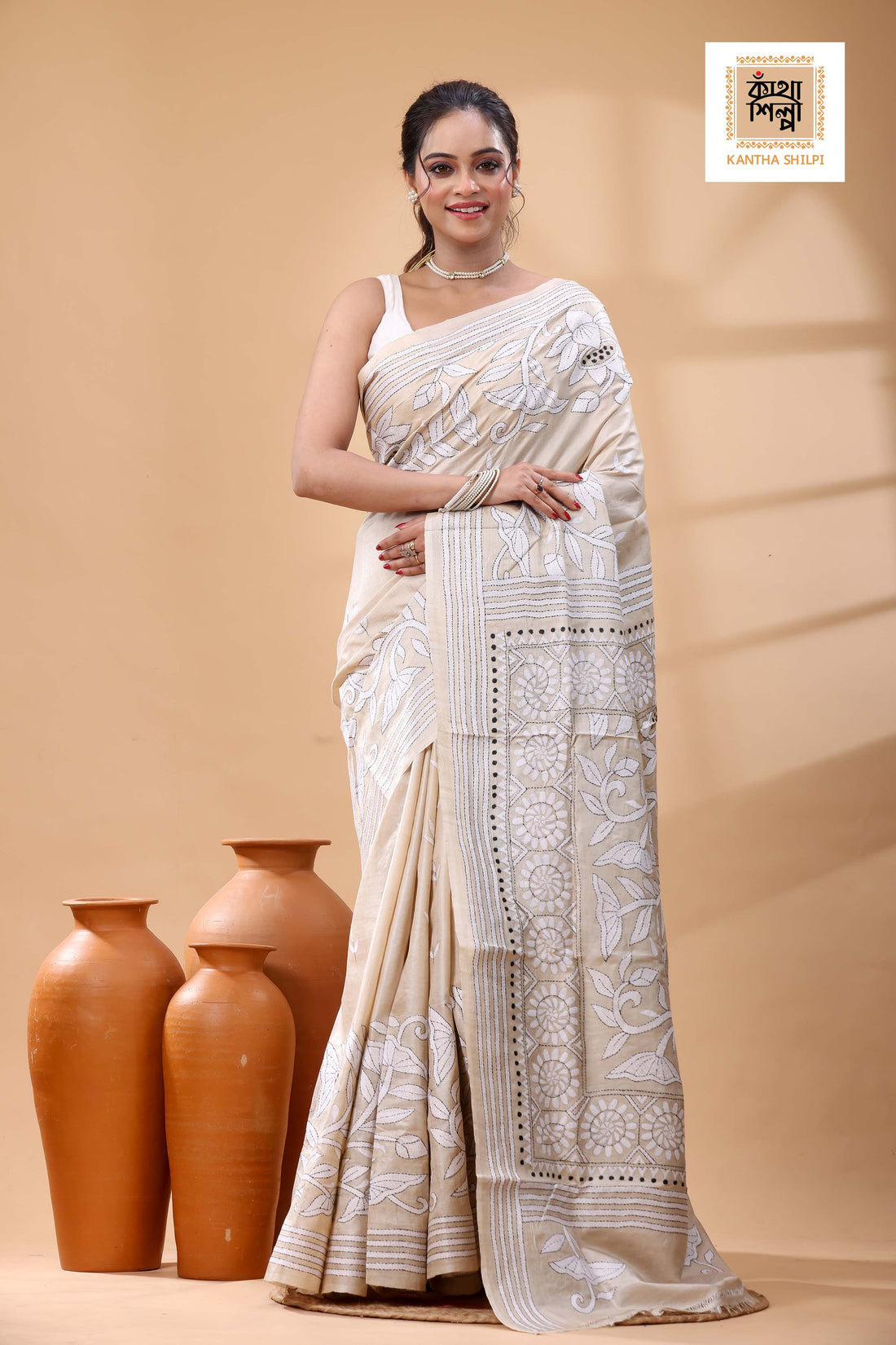 Pure Gachi Tussar White-Black Color Thread Work Kantha Stitch Saree