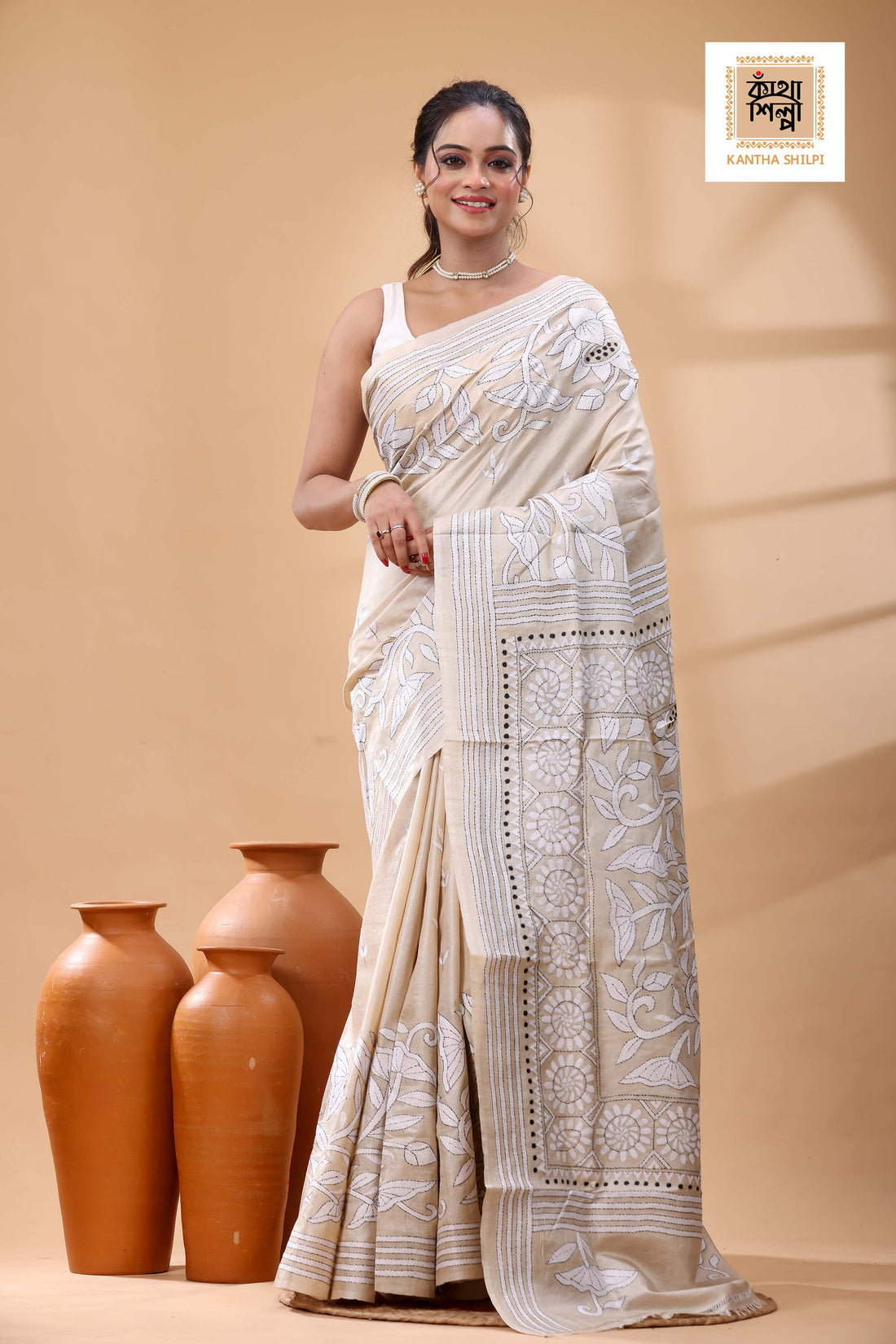 Pure Gachi Tussar White-Black Color Thread Work Kantha Stitch Saree