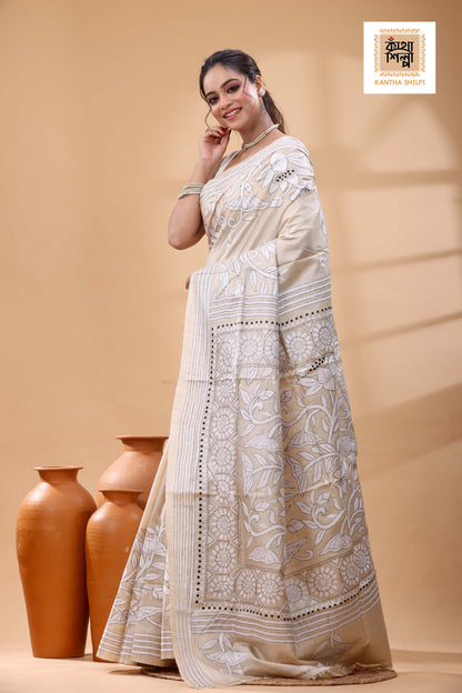 Pure Gachi Tussar White-Black Color Thread Work Kantha Stitch Saree