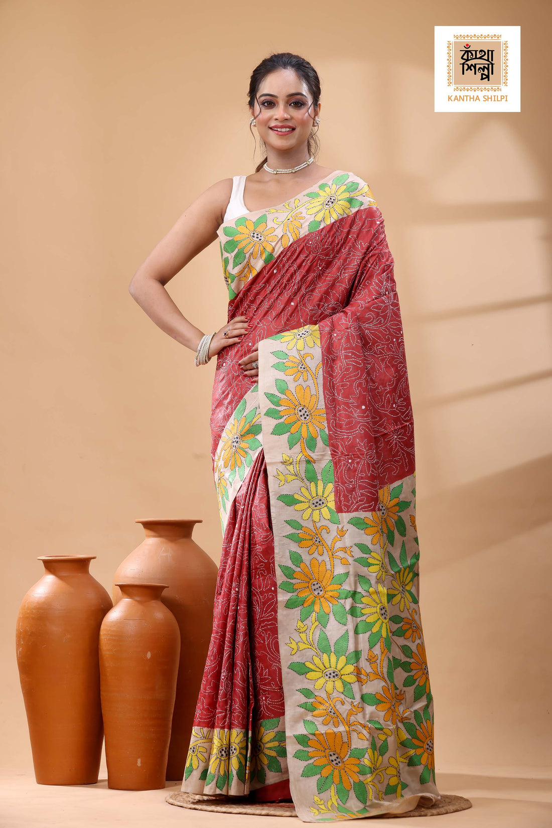 Pure Dye Gachi Tussar Multicolor Thread Work Kantha Stitch Saree